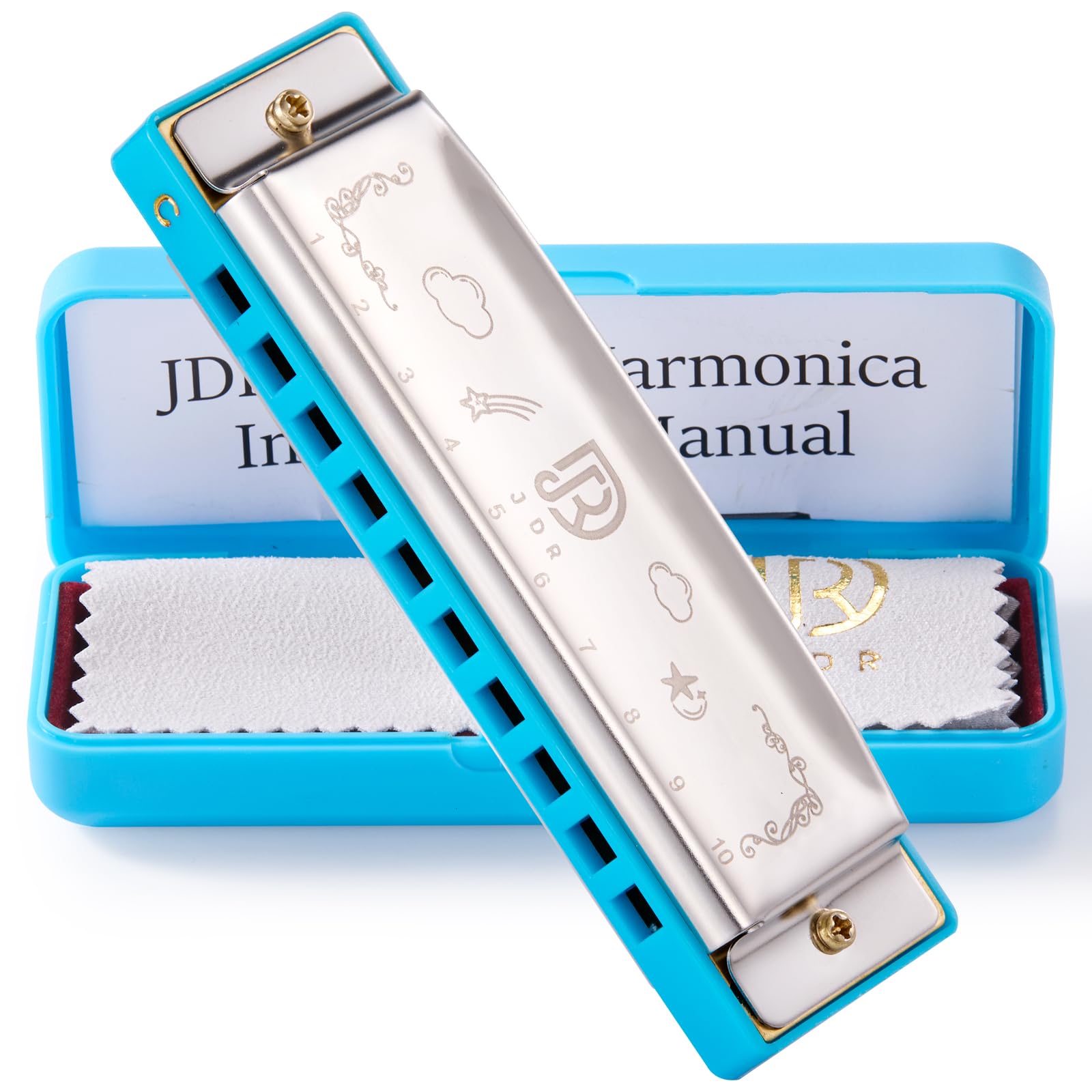 JDR Blues Harmonica Diatonic 10 Holes C Key Armonica Mouth Organ for Beginner Gift With Carrying Plastic Case Clean Cloth and Manual Sky Blue