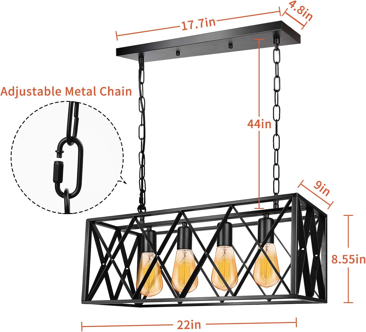 Black Friday 🔥 Industrial Kitchen Island Pendant Light Fixture, E26 Vintage Rectangular Pendant Lighting, 4-Light Black Metal Hanging Light, Rustic Light Fixtures for Kitchen Farmhouse Dining Room