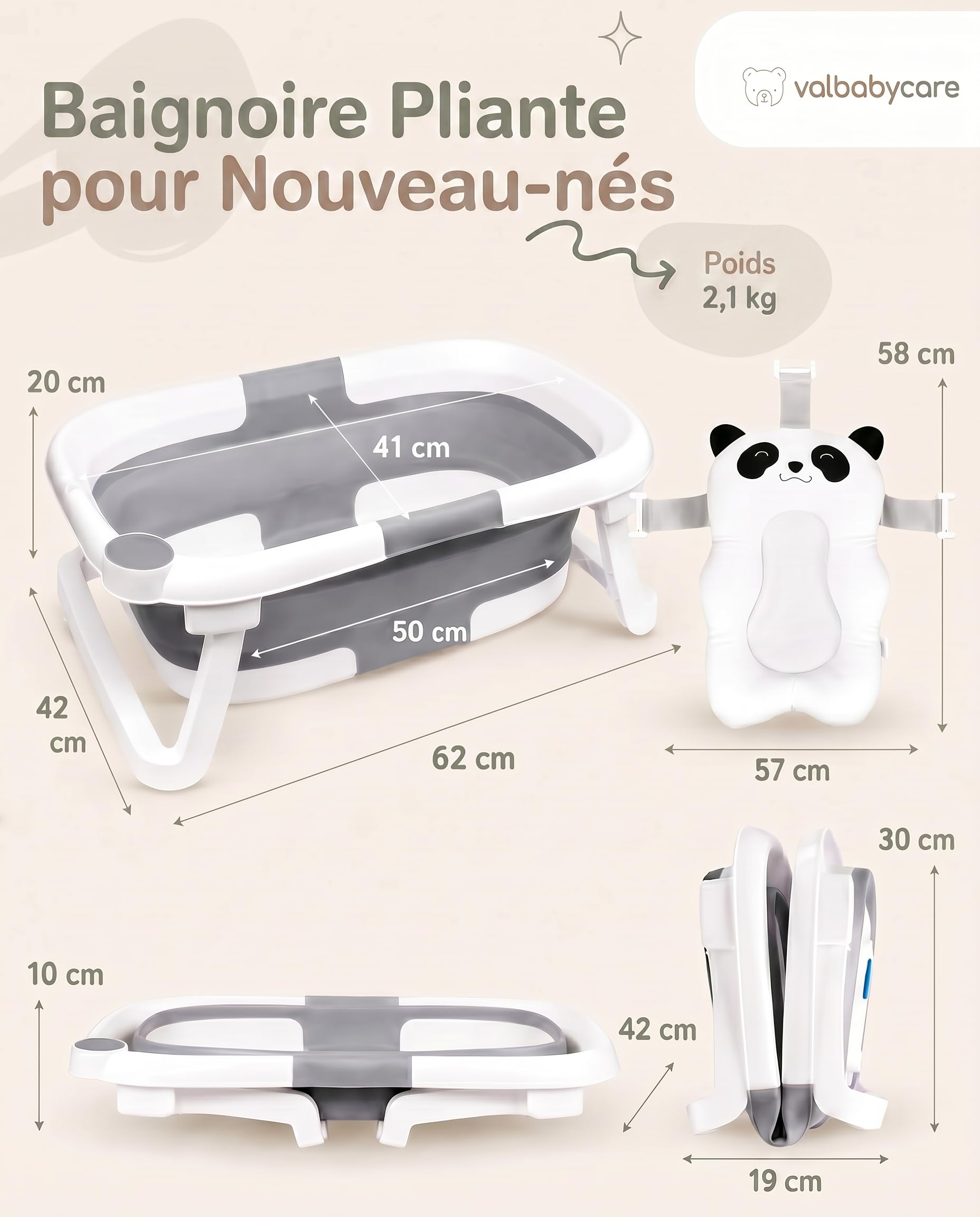 VALBABY Baignoire Pliable Bébé Portable avec Coussin Antidérapant Design Panda Grand et Rembourré Bain Baby Bath Tub