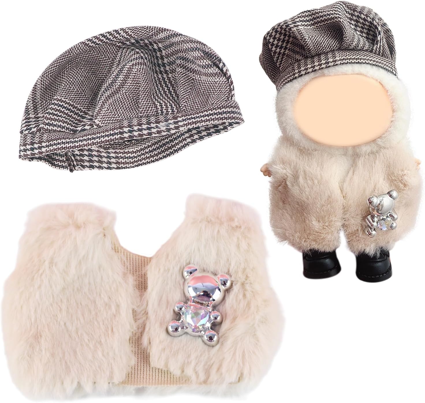 17cm Doll Clothes 2 Pcs Set – 1 White Bear Fur Clothes & 1 Brown Hat for 15-17cm Dolls Outfit,Fashion Mini Doll Accessories (No Dolls)