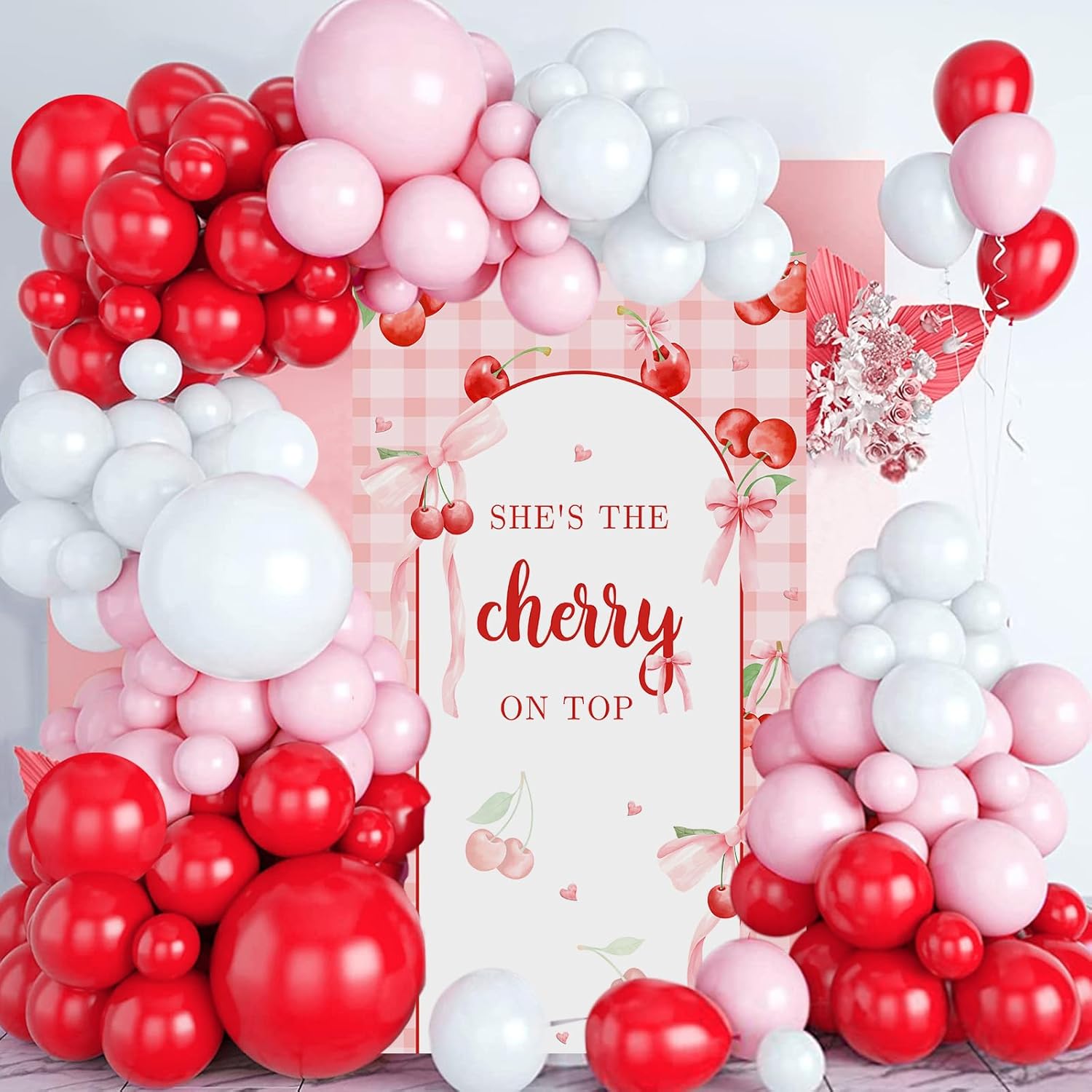 MEHOFOND 127pcs Red Pink White Balloons Arch Kit, She is the Cherry On Top Banner Backdrop, Cherry Birthday Bridal Shower Party Decorations, Fruit Baby Shower Balloons Garland Party Decor