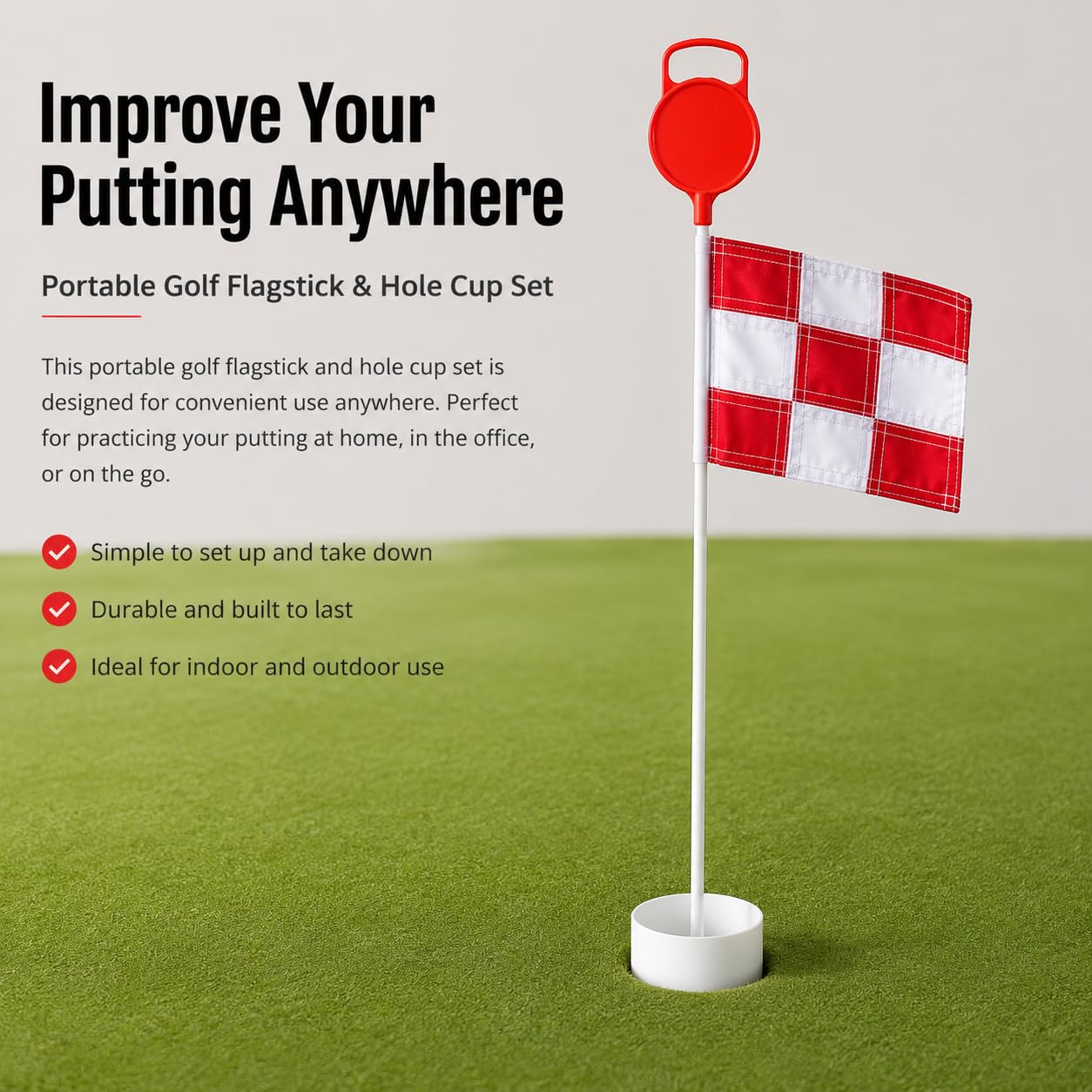 Golf Putting Flagstick Asta Bandierina Putt Green Accessorio Golfistica Plastica Impermeabile Durevole Adatto per, Asta portabandiera con maniglia + buca in plastica