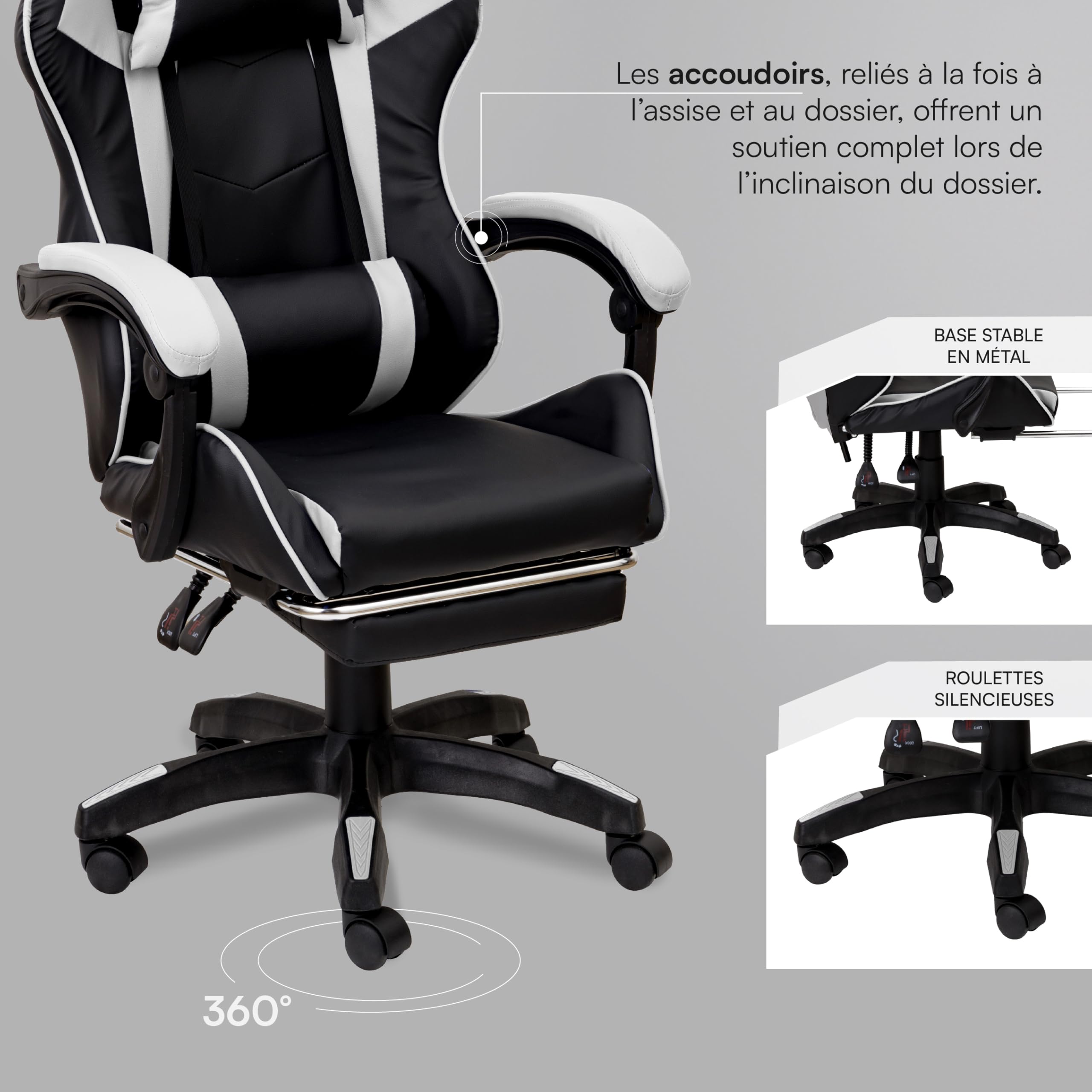 Baroni Home Chaise Gaming avec Dossier Ergonomique Reclinable et Hauteur Ajustable, Chaise de Bureau avec Support Lombaire, Repose-tête Mousse et Repose-Pieds Extractible, Blanc, 58x66x114-124 cm