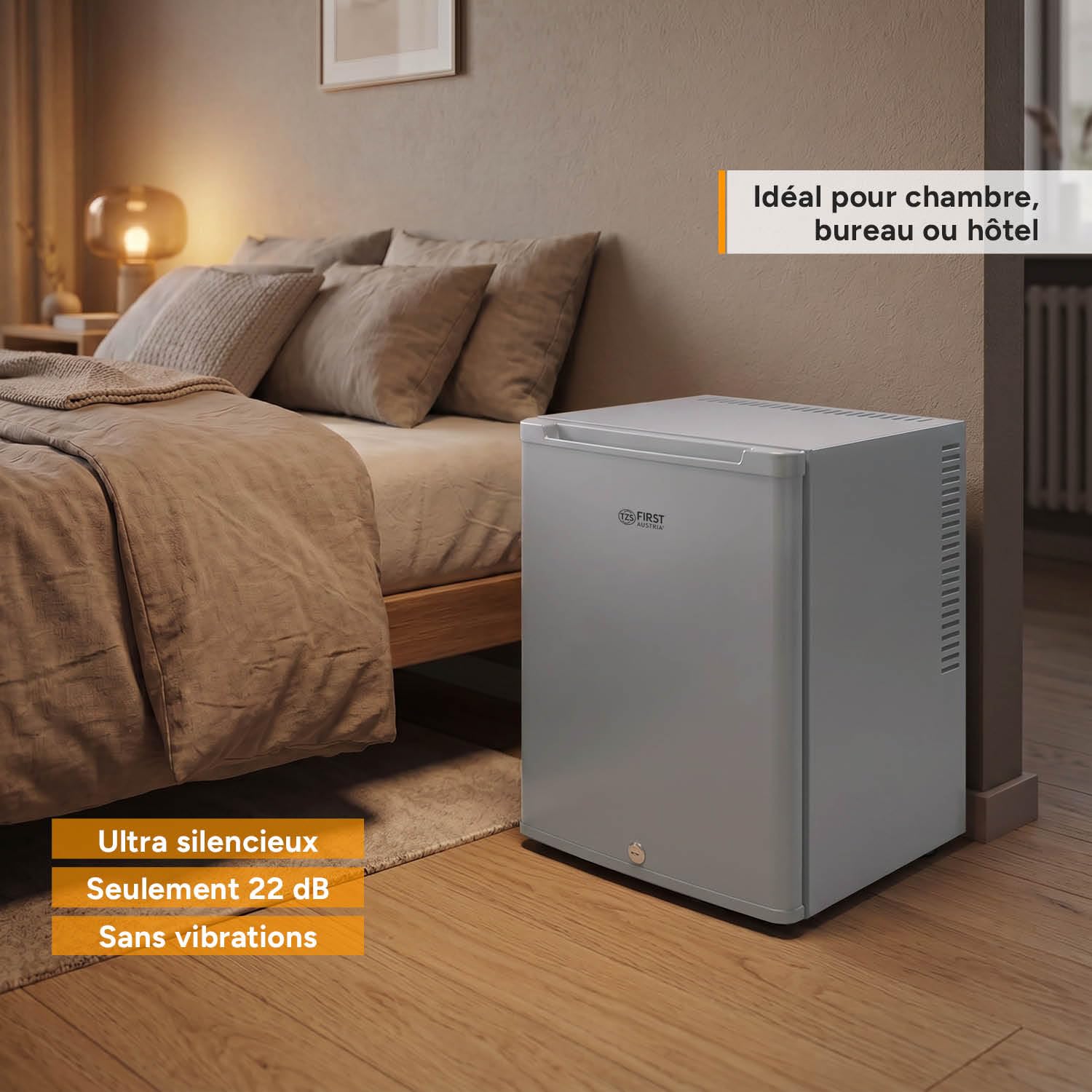 TZS First Austria - Silent 40L mini fridge - Small mini fridge with reversible door and interior light - Minibar for camping, office, bedroom & hotel - Grey