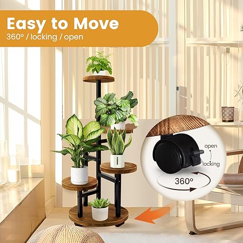 Miniatura 3 de GEEBOBO Soporte para Plantas de 5 Niveles con 4 Ruedas, Soportes Altos de Metal y Madera para Múltiples Plantas de Interior, Estante Escalonado de