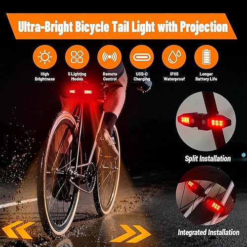 Miniatura 2 de Señales de giro para bicicleta con proyector, 5 modos de luz trasera de bicicleta recargable por USB, control remoto, impermeable, dividida, ebike,