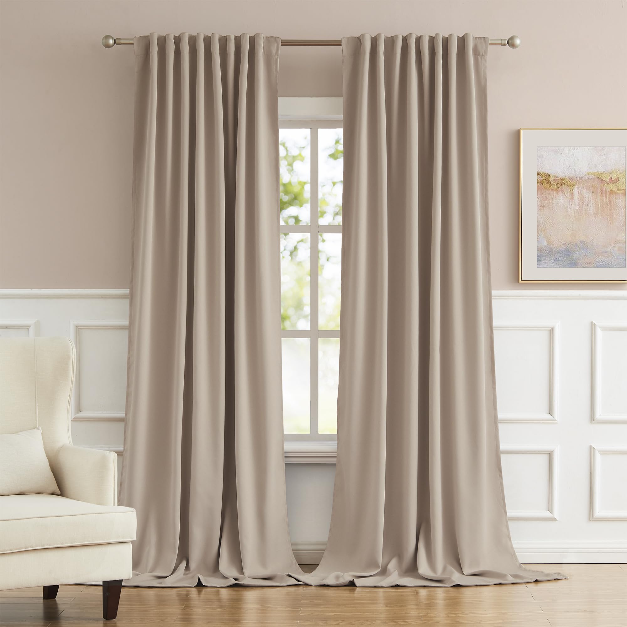 DUALIFE 132 Inch Extra Long Curtains Rod Pocket/Back Tab,Triple Weave Microfiber Room Darkening Blackout Privacy Draperies W52 x L132 inch 2 Panels, Khaki