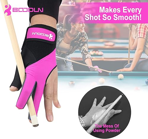 Miniatura 7 de YFY Billiard Pool Gloves for Left Hand 3 Finger, Splicing Process, Snooker Cue Sport Glove Popular Sizes for Men & Women Rosa fuerte,Negro