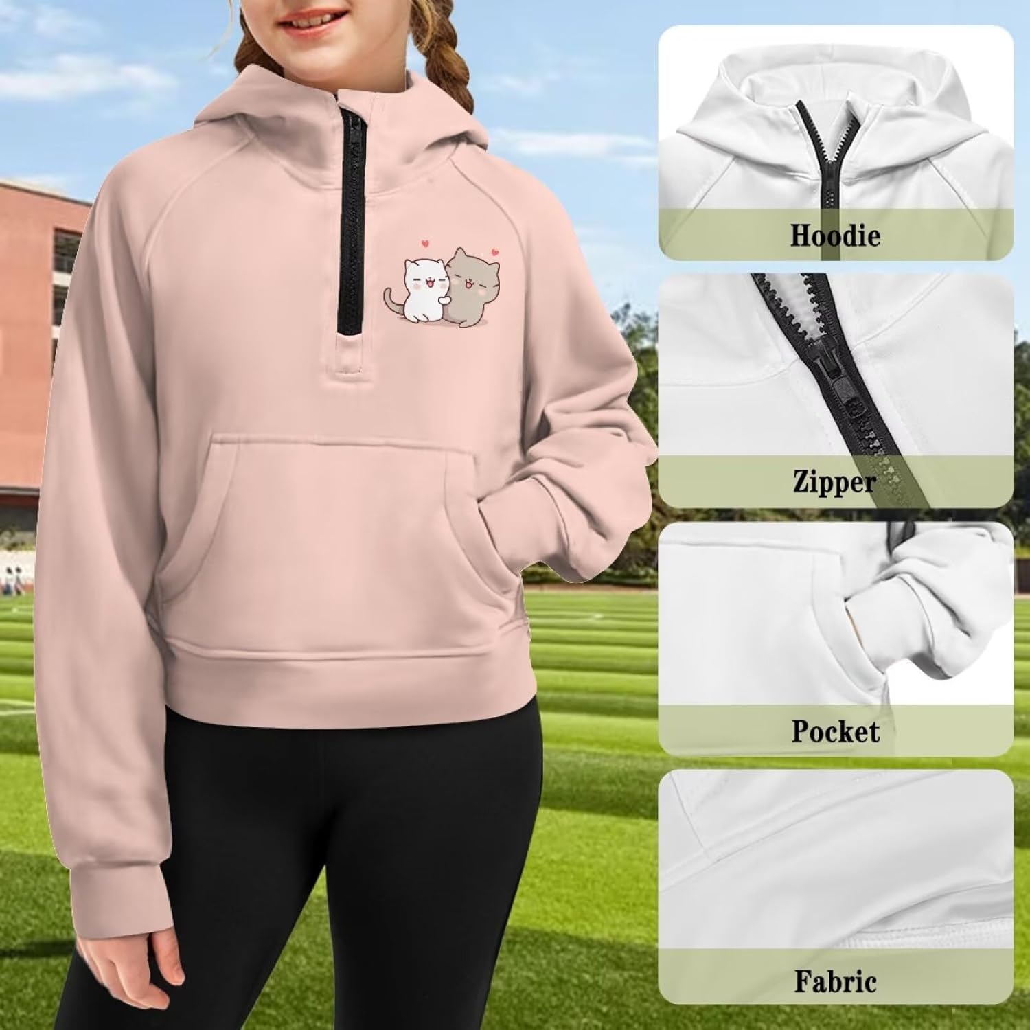 Breathable Girls Hoodie for Sports Stretchy Half Zip Raglan Cropped Sweatshirt with Front Pocket Ages 5-14