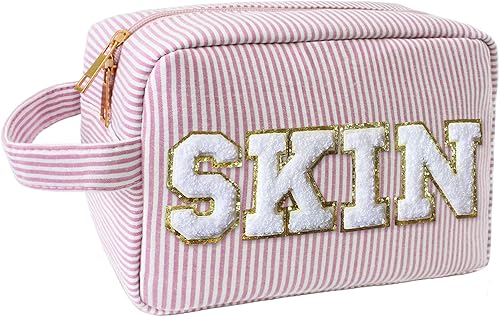 Preppy - Bolsas de maquillaje para mujer, bolsa de viaje pequeña para bolso de chenilla hinchada impermeable, bolsa de aseo de playa, lindo