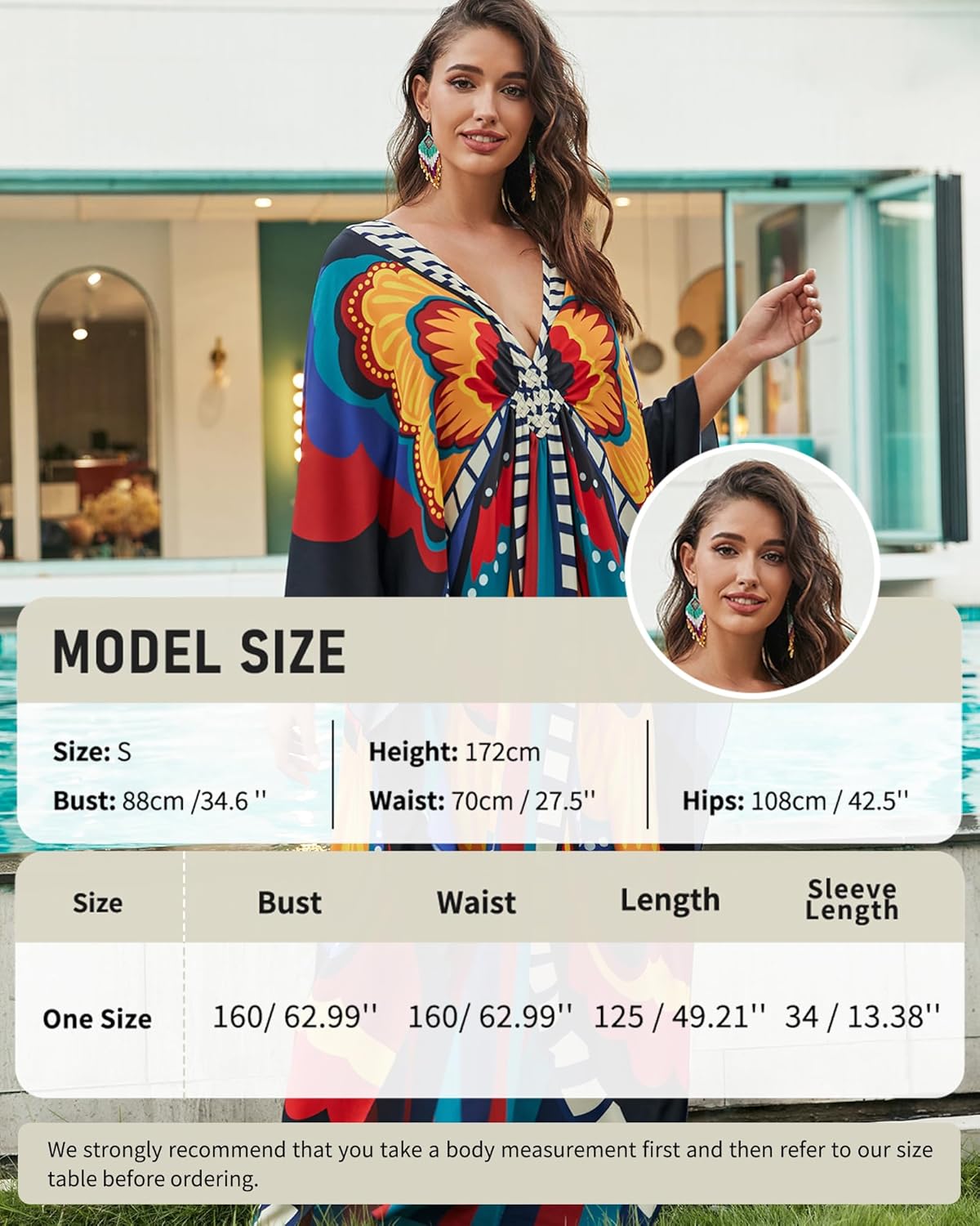 Bsubseach Kaftan Dresses for Women V Neck Butterfly Print Plus Size Batwing Sleeve Caftans Long Bathing Suit Cover Up - Image 2