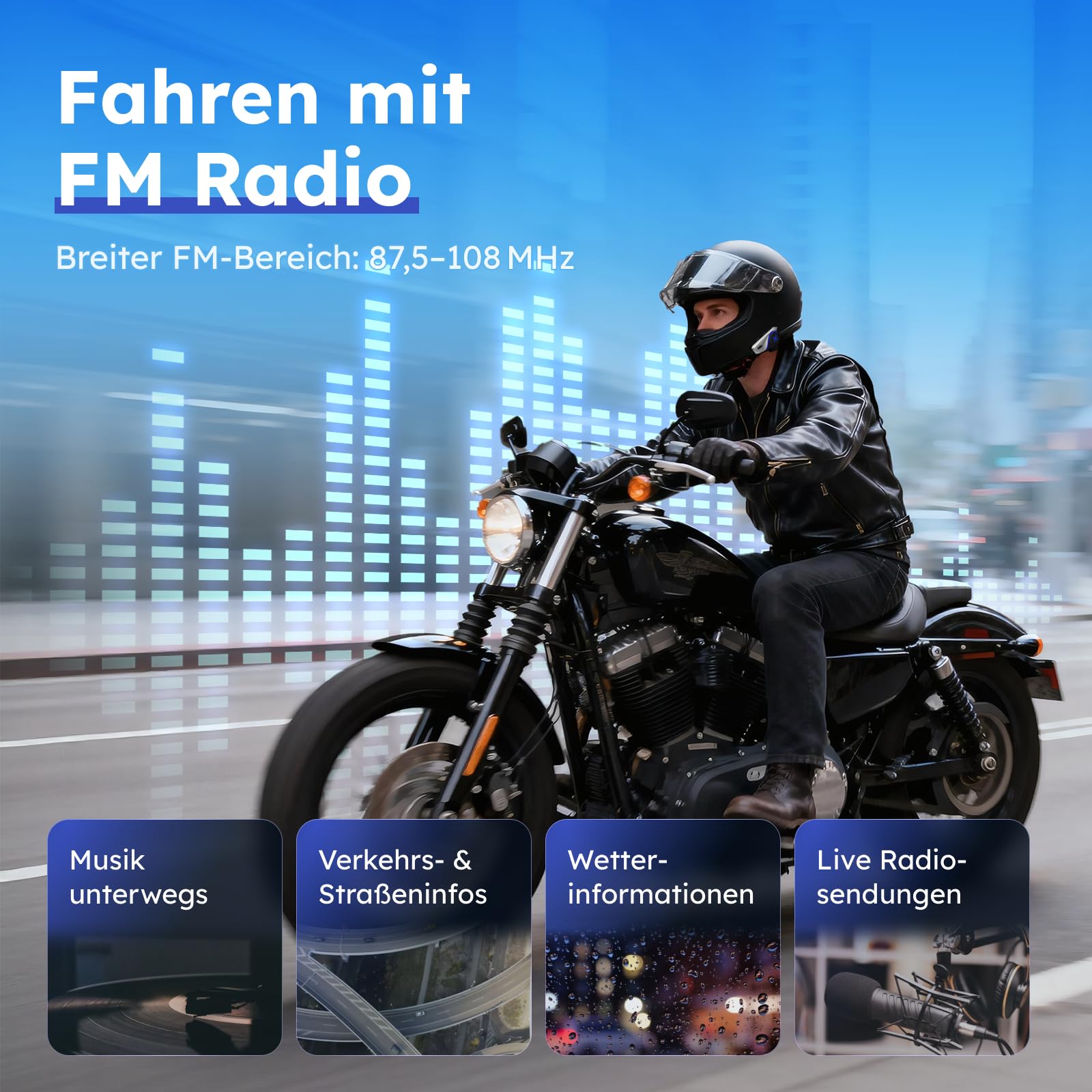 Motorrad Bluetooth Headset mit Audio-Multitasking, 2-Wege-Intercom mit 600m Reichweite, Bluetooth 5.3 Helm Kommunikationssystem mit universeller Kopplung/FM/1000mAh Akku, Einzelpack-D9