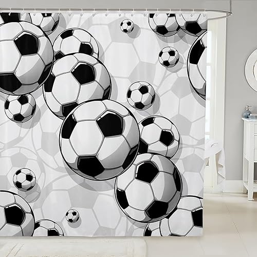 Cortina de baño de fútbol para niños, juegos de cortina de ducha de juegos deportivos para niños, niñas, adolescentes, fútbol dibujado a mano, juego