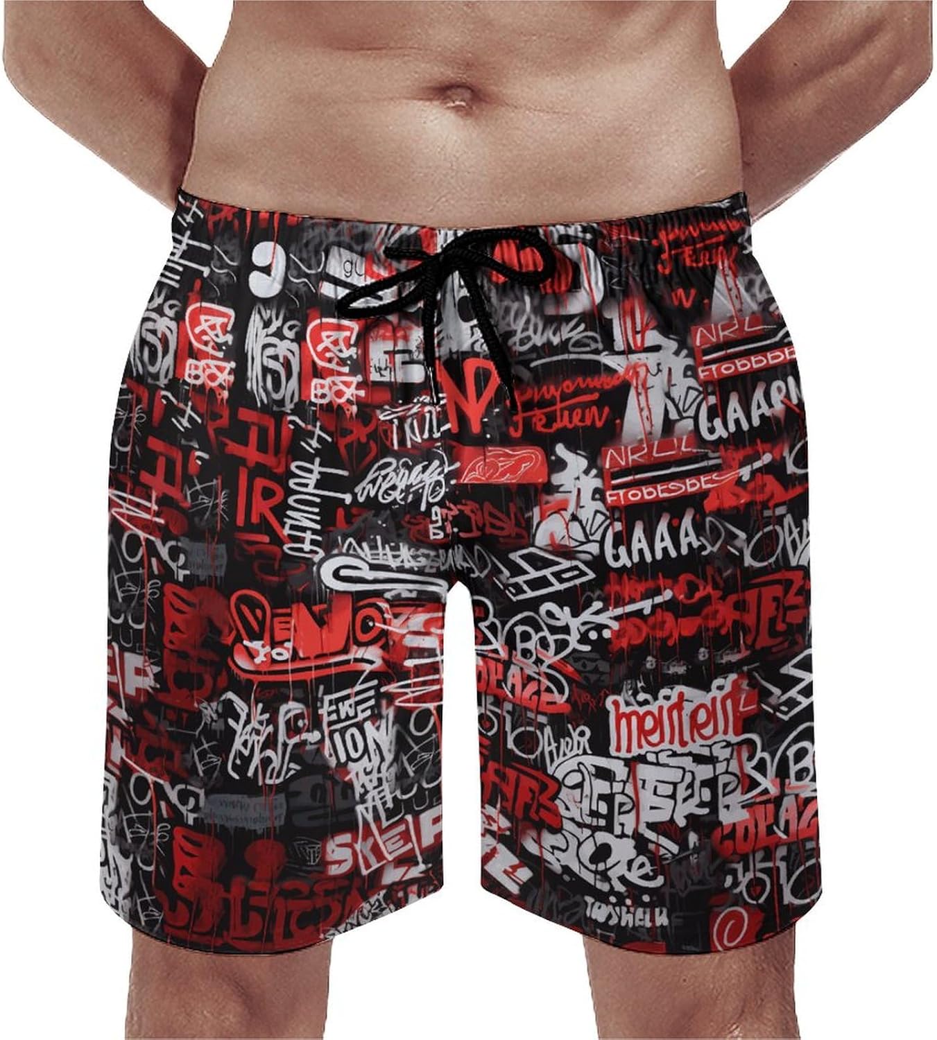 Mens Vintage Graffiti Swim Trunks Swim Shorts Quick Dry Inseam Beach Shorts with Compression Liner and Pocket,Red,XL, X-Large