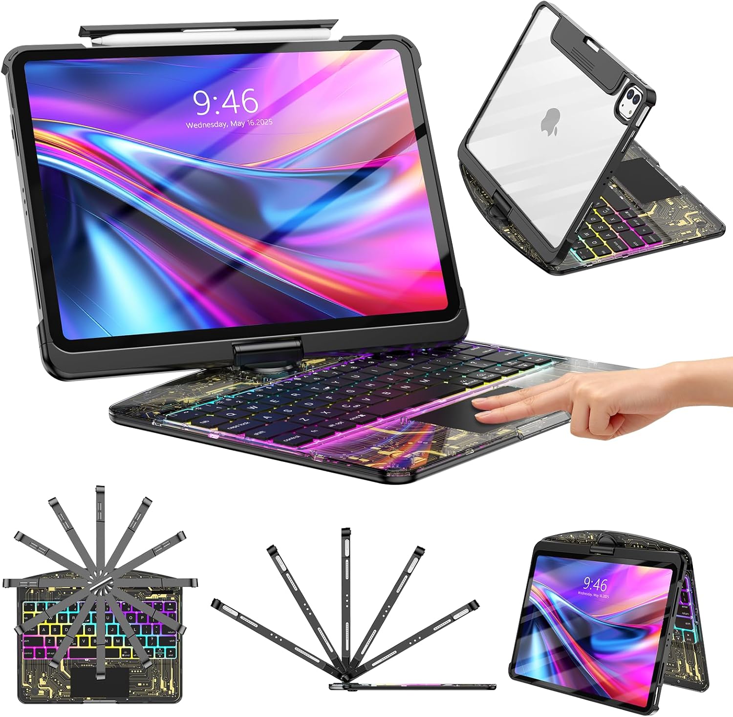 TSQQST Clear Wireless Keyboard Case for iPad Pro 13 Inch M5/M4 2025/2024 with Pencil Holder & Multi-Touch Trackpad, Visible PCB High-Tech Style, 3-Brightness & 7-Color Backlight, 360 Rotatable, Black