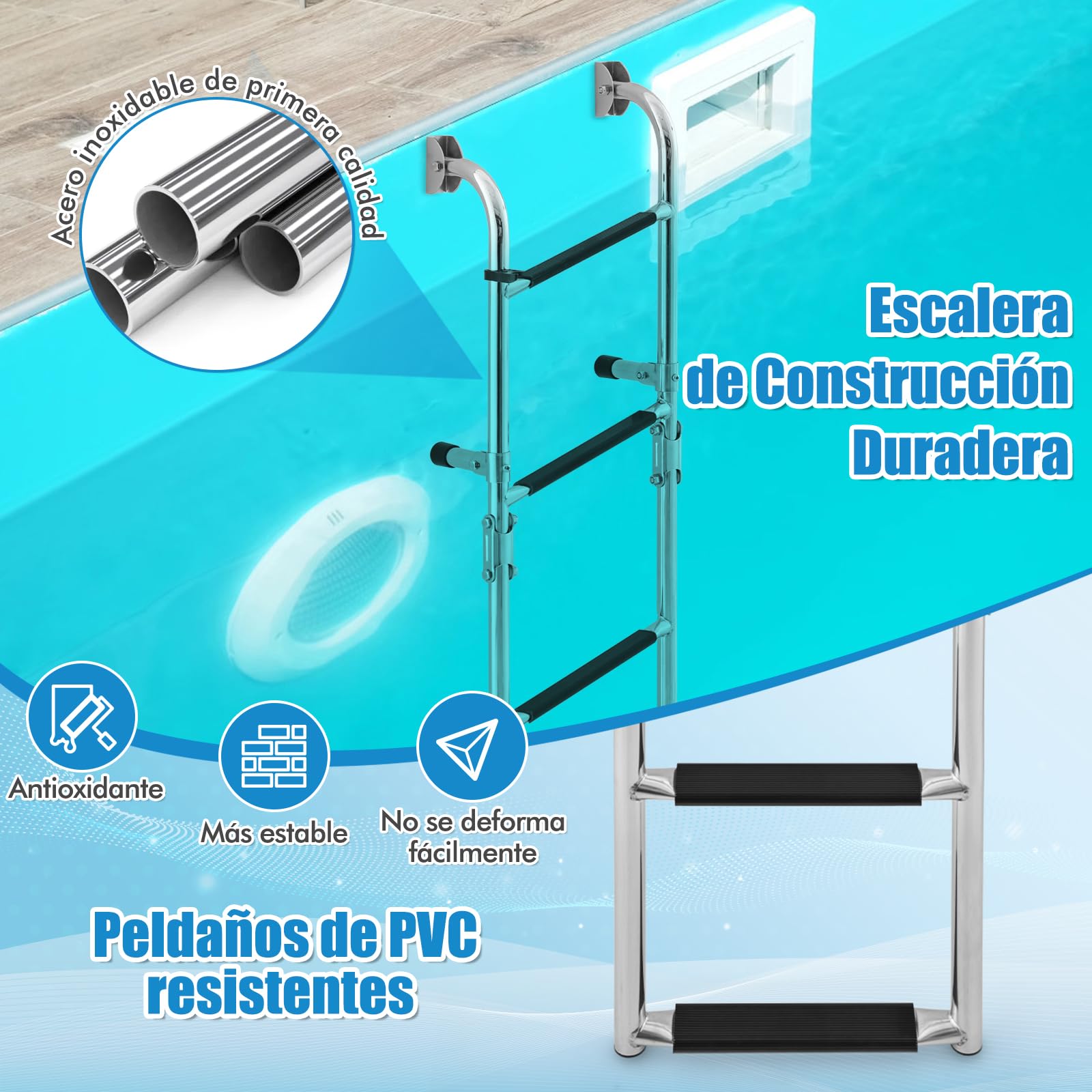 RELAX4LIFE Escalera de Barco Plegable de Acero Inoxidable con 4 Peldaños, Escalera de Piscina con Peldaños Antideslizantes de PVC para Barco, Piscina y Puerto, Carga 200 kg (Modelo 1)