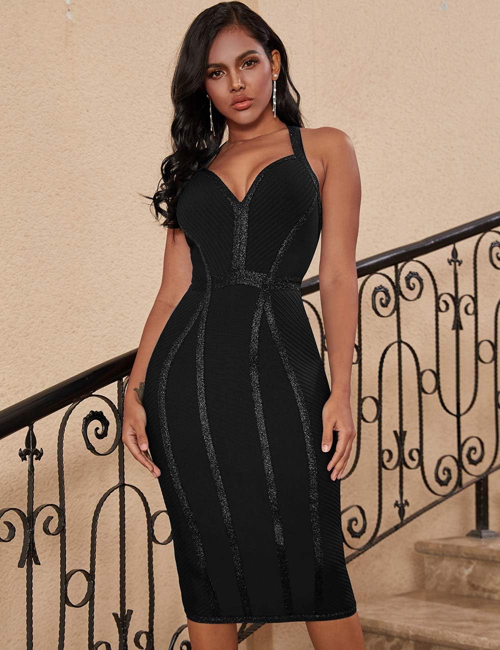 whoinshop Women's Bandage Halter V Neck Midi Cocktial Bodycon Club Party Dress - Image 3