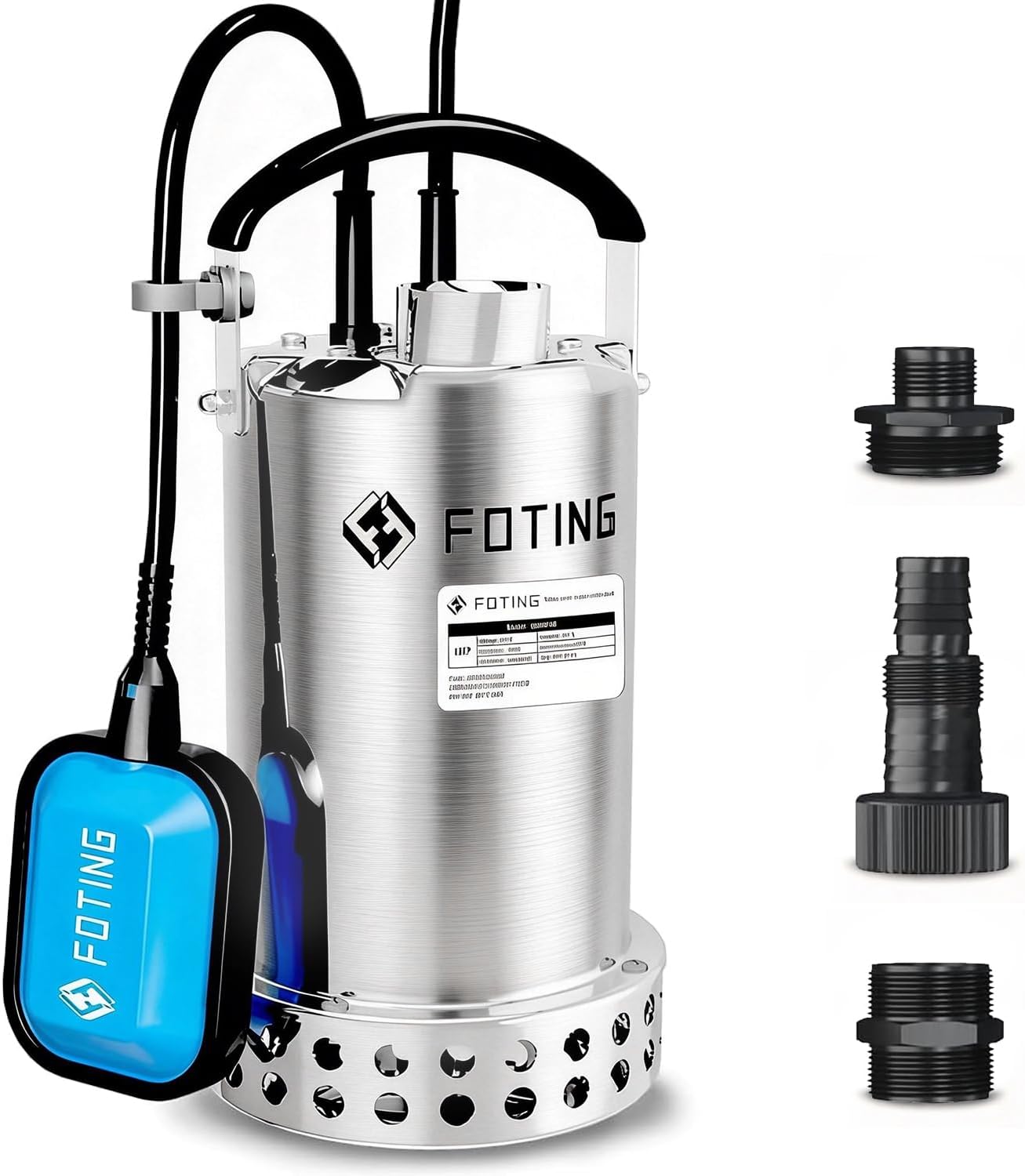 Full 304 Stainless Steel Sump Pump with Float Switch - 1HP 4600GPH Automatic Submersible Water Pump Fast Water Removal in Pools, Basements, Sewage, Hot Tubs Heater Flush Pit, ponds w/ 10FT Cord