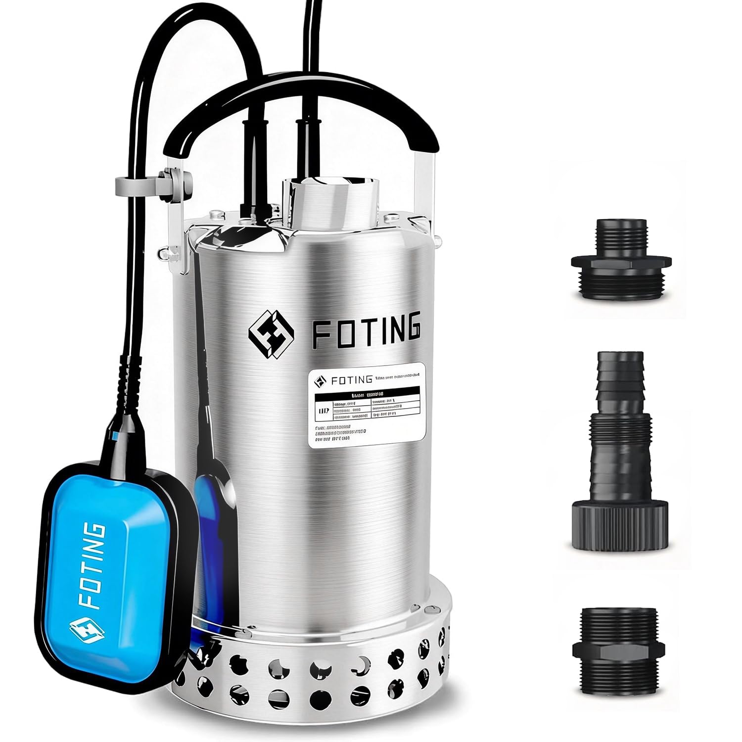 FOTING Full 304 Stainless Steel Sump Pump with Float Switch - 1HP 4600GPH Automatic Submersible Water Pump Fast Water Removal in Pools, Basements, Sewage, Hot Tubs Heater Flush Pit, ponds w/ 10FT Cord