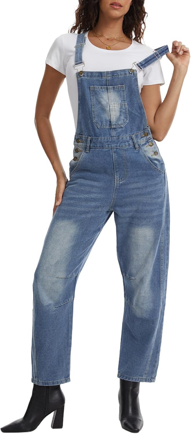 Overalls for Women Barrel Overalls Denim Bib Loose Fit Adjustable Strap Jumpsuit with Pockets Baggy Jean Pants