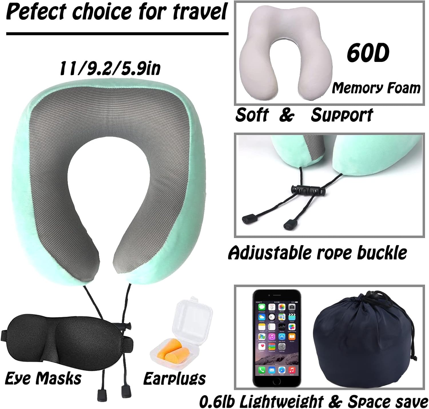 Travel Pillow,Travel Neck Pillows for Sleeping,100% Pure Memory Foam Soft Comfort & Support Pillow for Airplane/Car/Office&Home Rest Use-Blue Green - Image 2