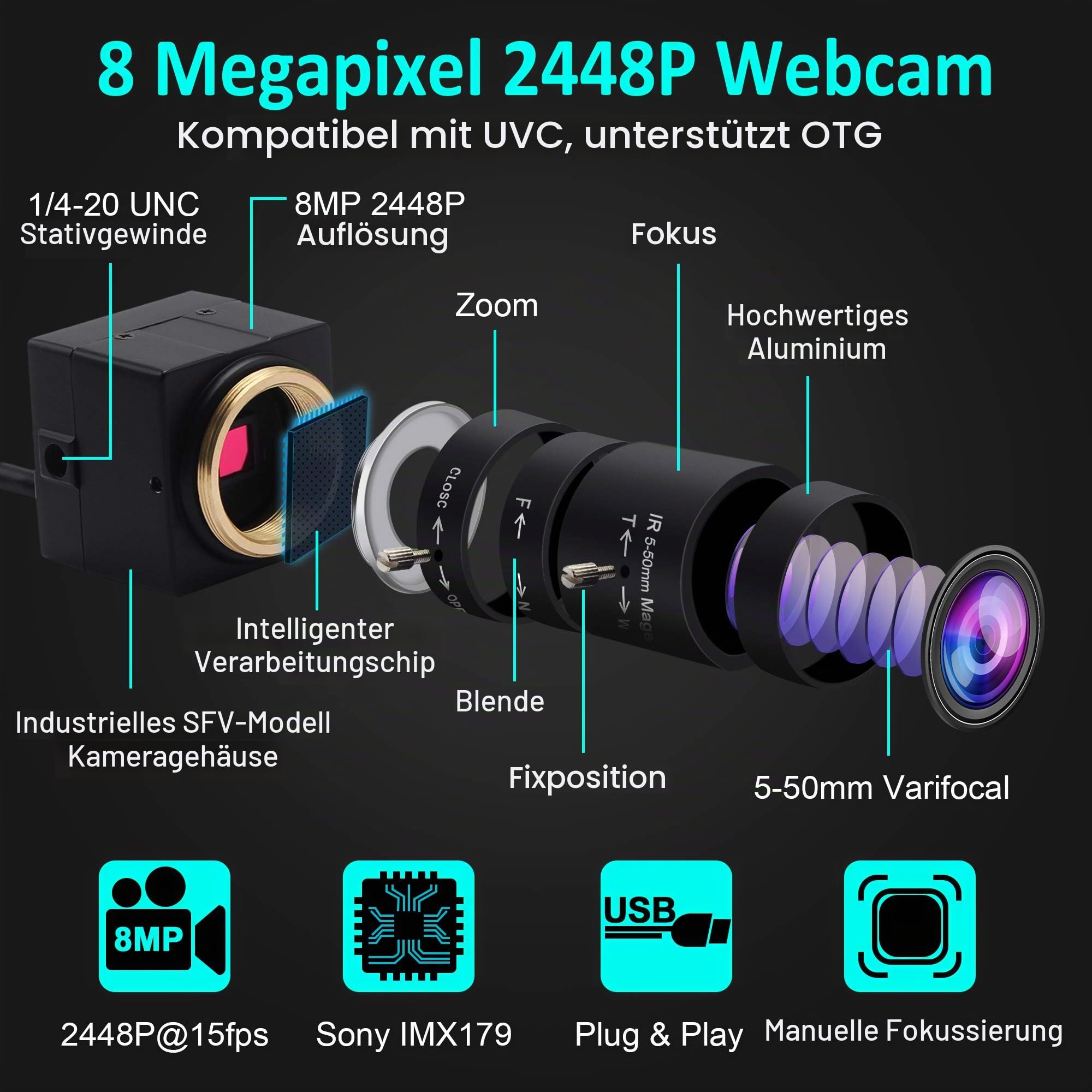 ELP Webcam 8MP,WebKamera HD 5-50mm Manuell Variable Fokus Objektiv,IMX179 Sensor USB Kamera PC Desktop/Laptop HD 2448P Zoom Kamera kompatibel mit Mac/Windows/Linux/Android USB8MP02G-SFV(5-50)