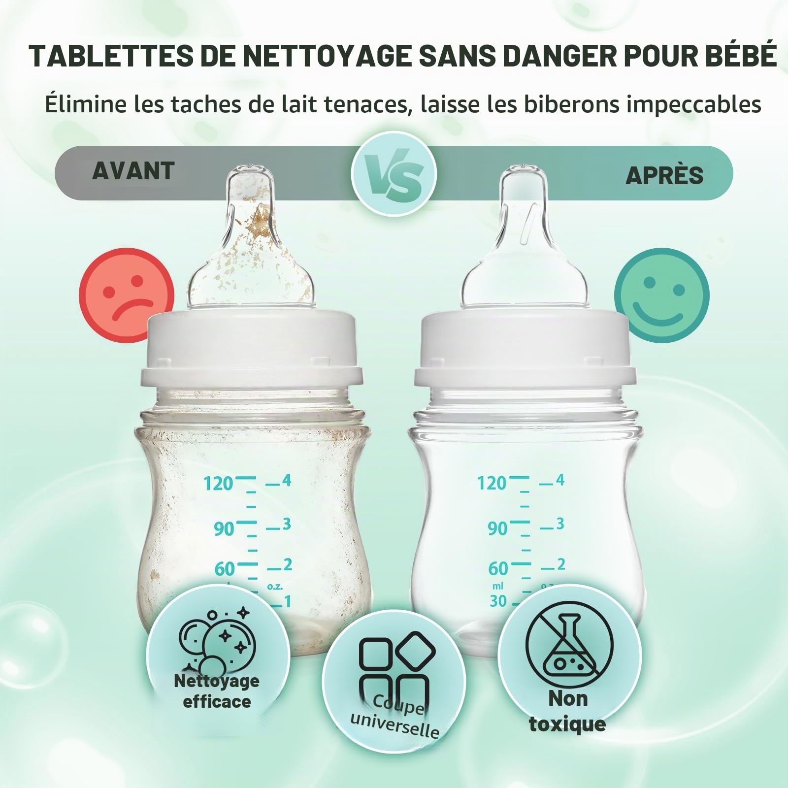 Comprimés détergents pour lave-biberons bébé, 150 unités, formule douce à dissolution rapide, élimine les résidus de lait, la graisse et les odeurs, compatible avec toutes les marques, adapté au lave-