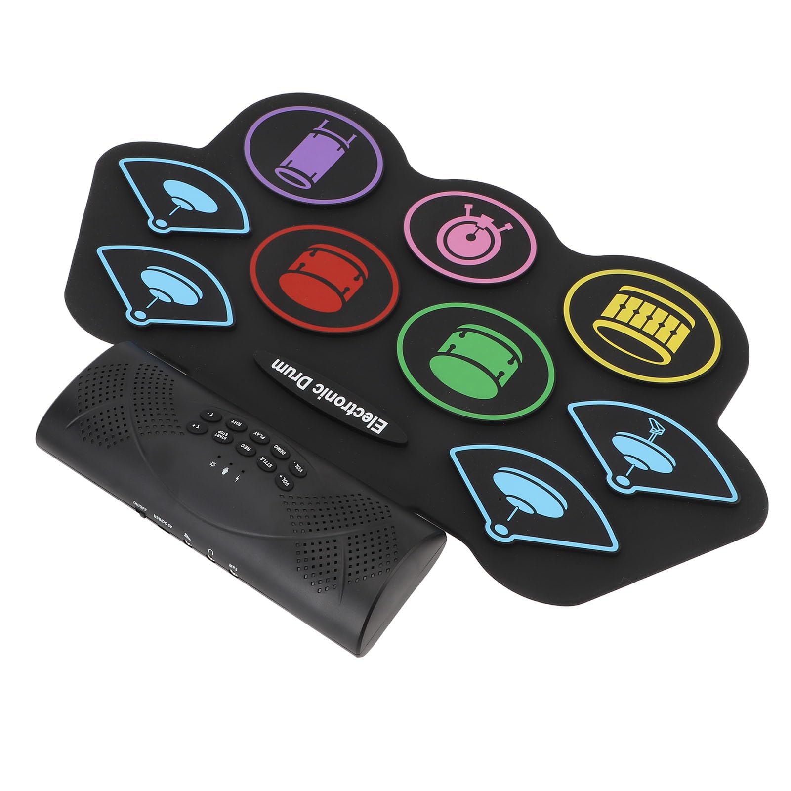 Alomejor Set Pad Per Batteria Elettronica, Tappetino Per Batteria Arrotolabile Ricaricabile Con 7 Toni Di 10 Canzoni Demo Uscita MIDI, Con Bacchetta E Pedale, Per Bambini (Spina europea)