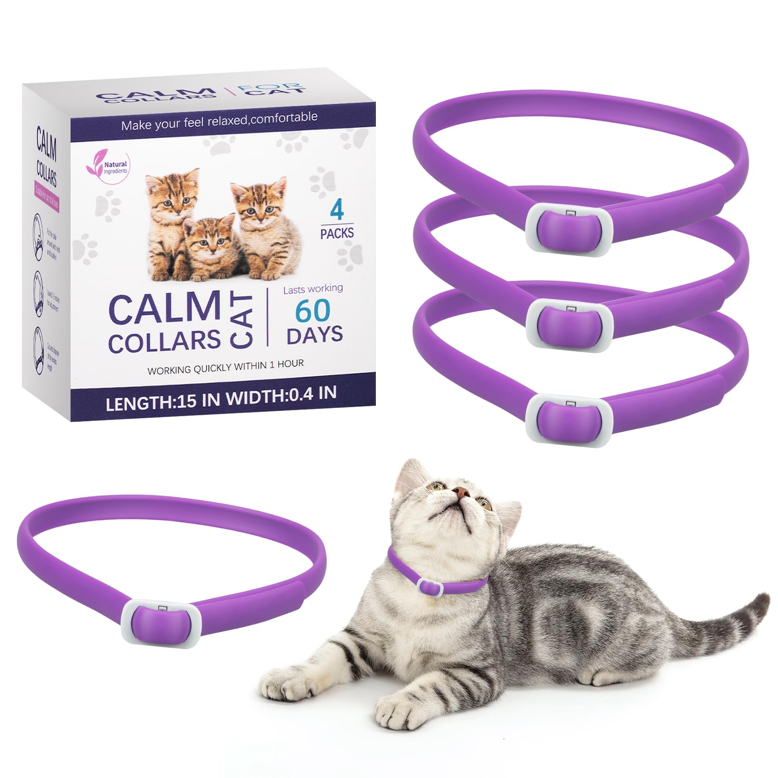 Calming Collar for Cats: Pheromone Cat Calming Collar Cat,Adjustable Size Water Resistant,Efficiently Reduces Anxiety & Stress for 60 Days (4 Pack)