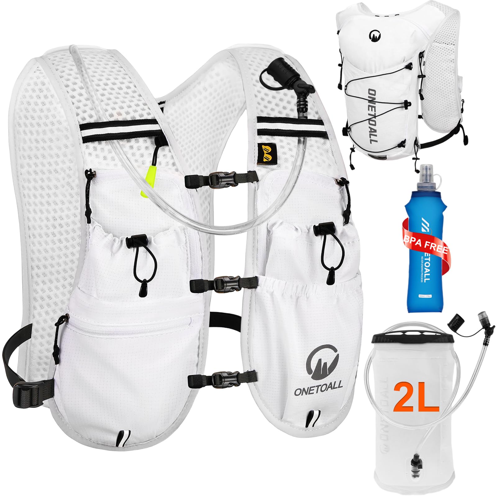 ONETOALL Running Vest Women with TPU Water Bottle 500ml & Water Bladder 2L, Lightweight Hydration Running Vests Mens, Reflective Running Backpack for Hiking Marathon Biking Sci