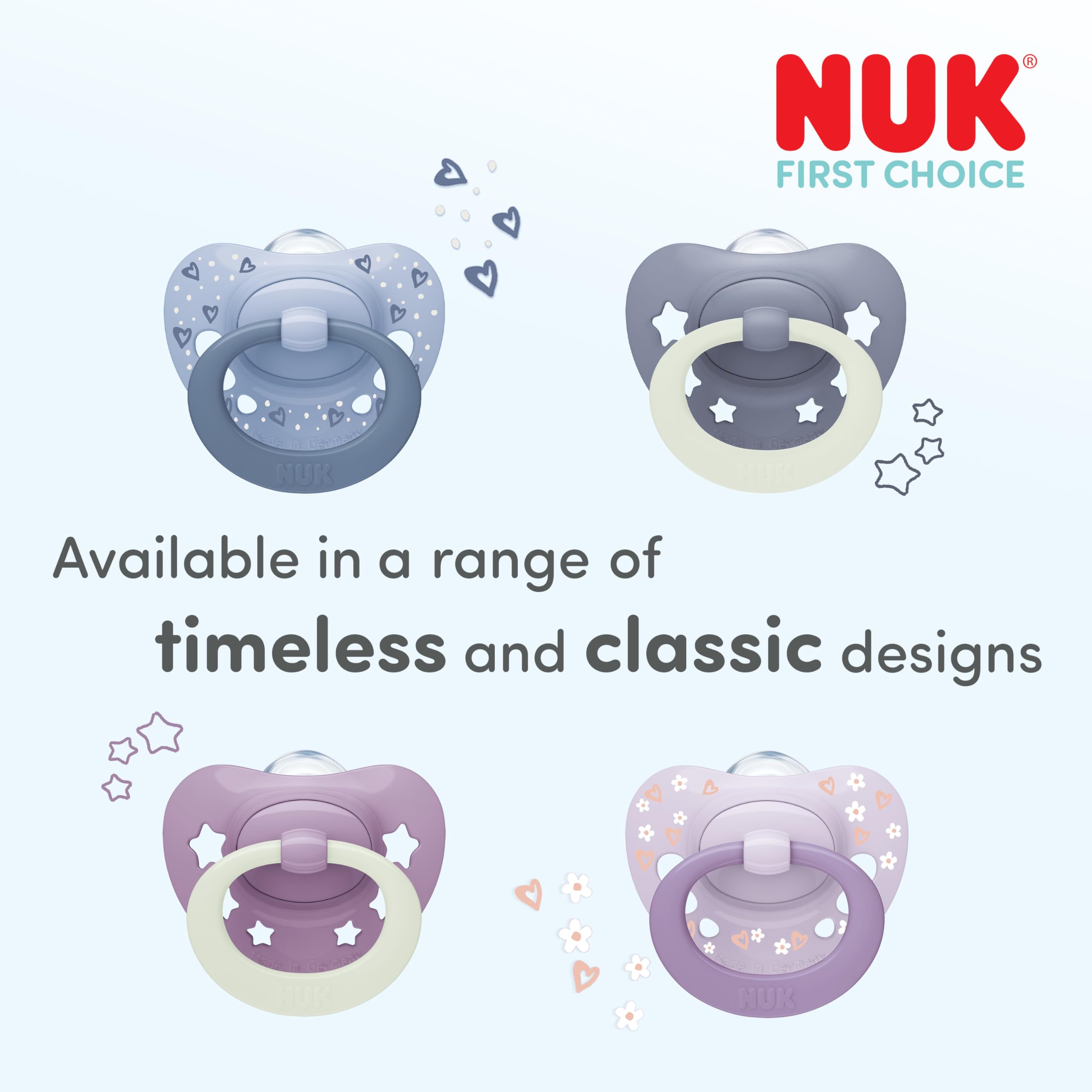 NUK First Choice Classic Night Smoczki dla niemowląt | 6-18 miesięcy | Ortodontyczne smoczki świecące w ciemności | 95% akceptacji przez niemowlęta** | Niebieskie | 4 sztuki