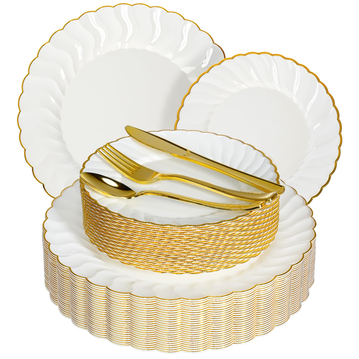 Lzerking 150 Pcs Gold Disposable Dinnerware Set for 25 Guests, Plastic Plates for Party - 25 Dinner Plates 10.25”, 25 Dessert Plate 7.5”, 75 Gold Plastic Silverware 25 Napkins, Holiday Wedding Party
