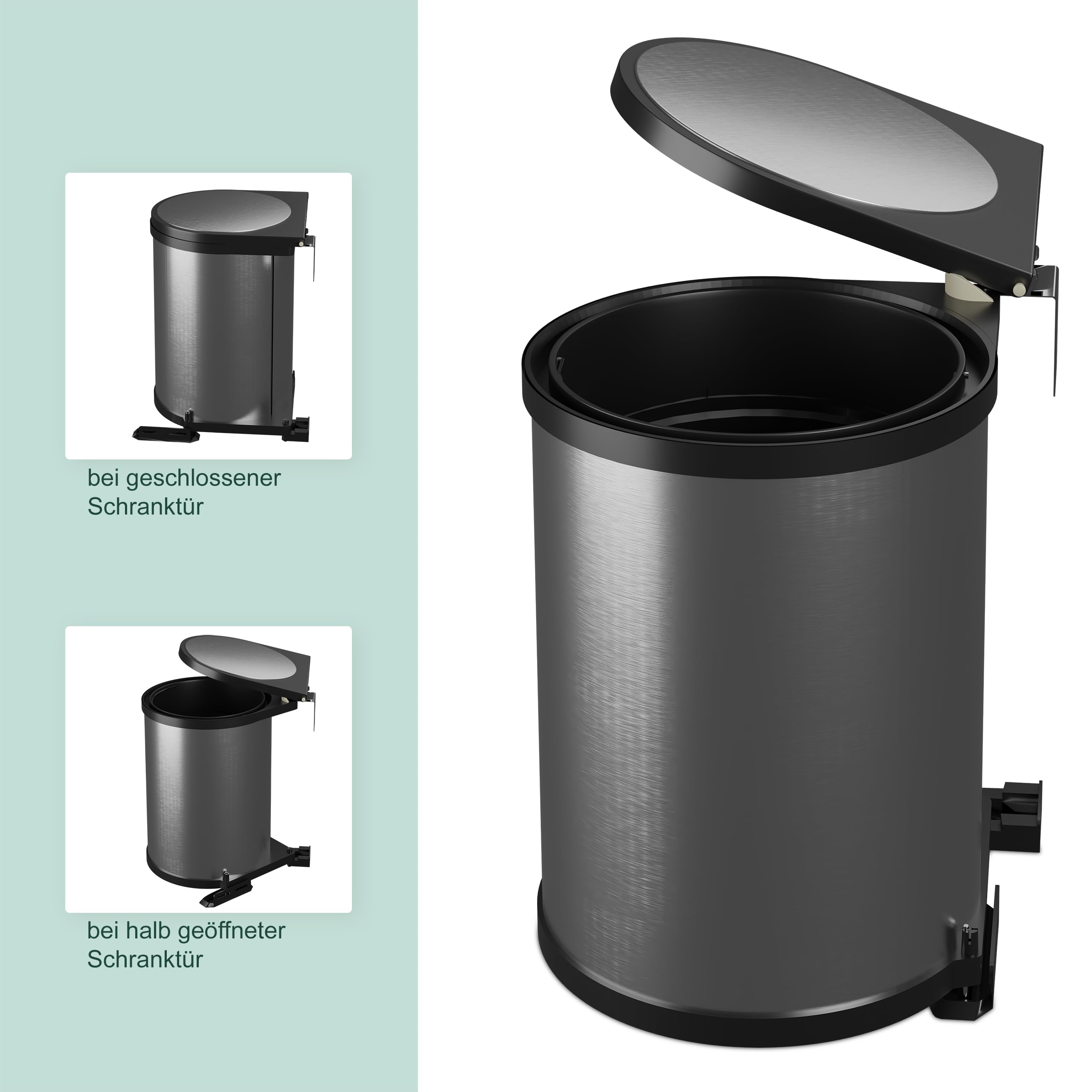 Relaxdays Einbaumülleimer, 12 L, Einbau Unterschrank, Schwenkeimer Küche, HBT: 37x28x28,5 cm, Edelstahl, silber/schwarz