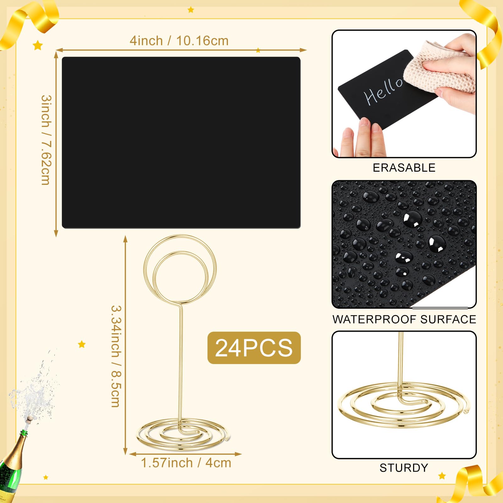 TecUnite Paquete de 24 mini letreros de pizarra, etiqueta de pizarra pequeña de 4 x 3 pulgadas con soporte de metal, 2 tizas a base de agua para fiestas de bufé de alimentos, letreros de pizarra de