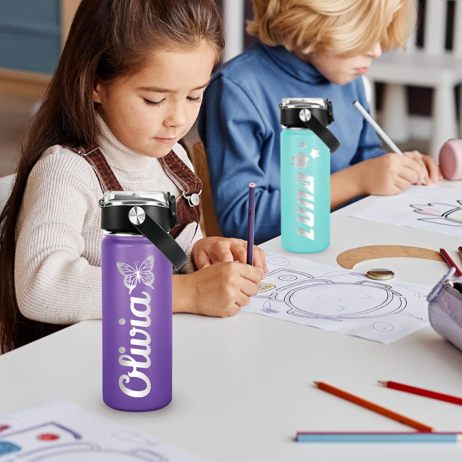 Personalized Water Bottles for Kids, Custom Water Cups with Name and 25 Icon Engraved, 18 oz - 16 Colors, Double Wall Insulated BPA Free, Customize Valentines Gifts for Girls Boys (Engraved) - Image 5