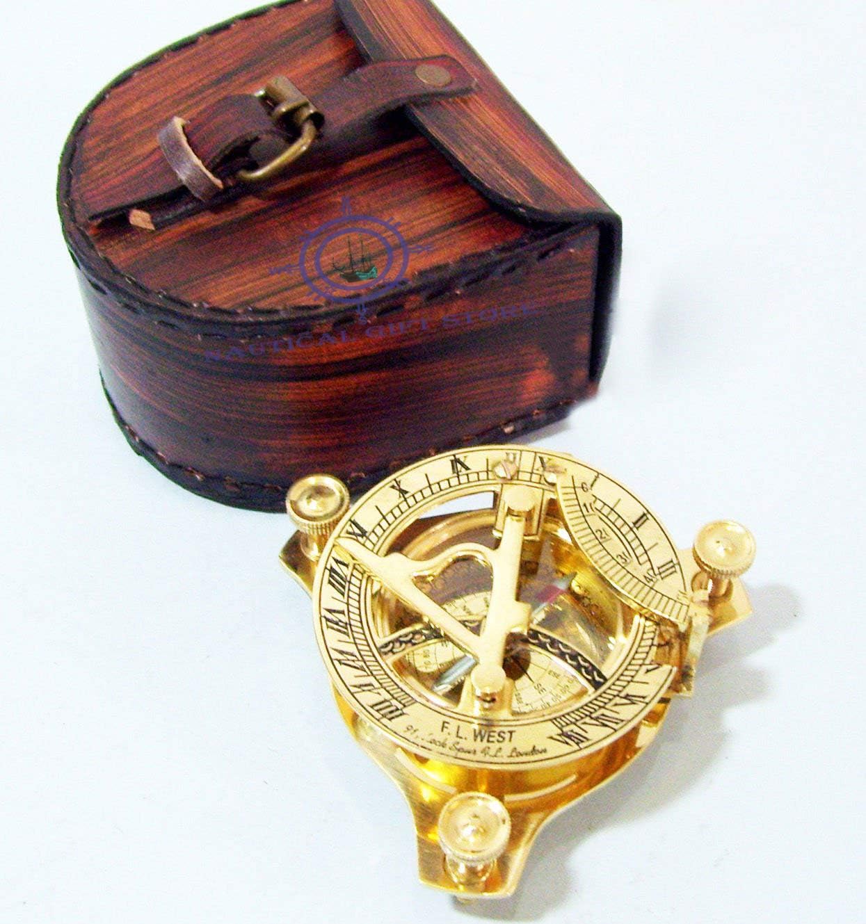 Nautical Maritime WEST London Brass Sundial Compass with Leather Box Nautical Decor 3'' Smart