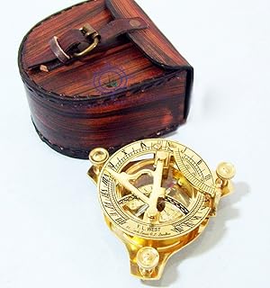 Nautical Maritime WEST London Brass Sundial Compass with Leather Box Nautical Decor 3' Smart