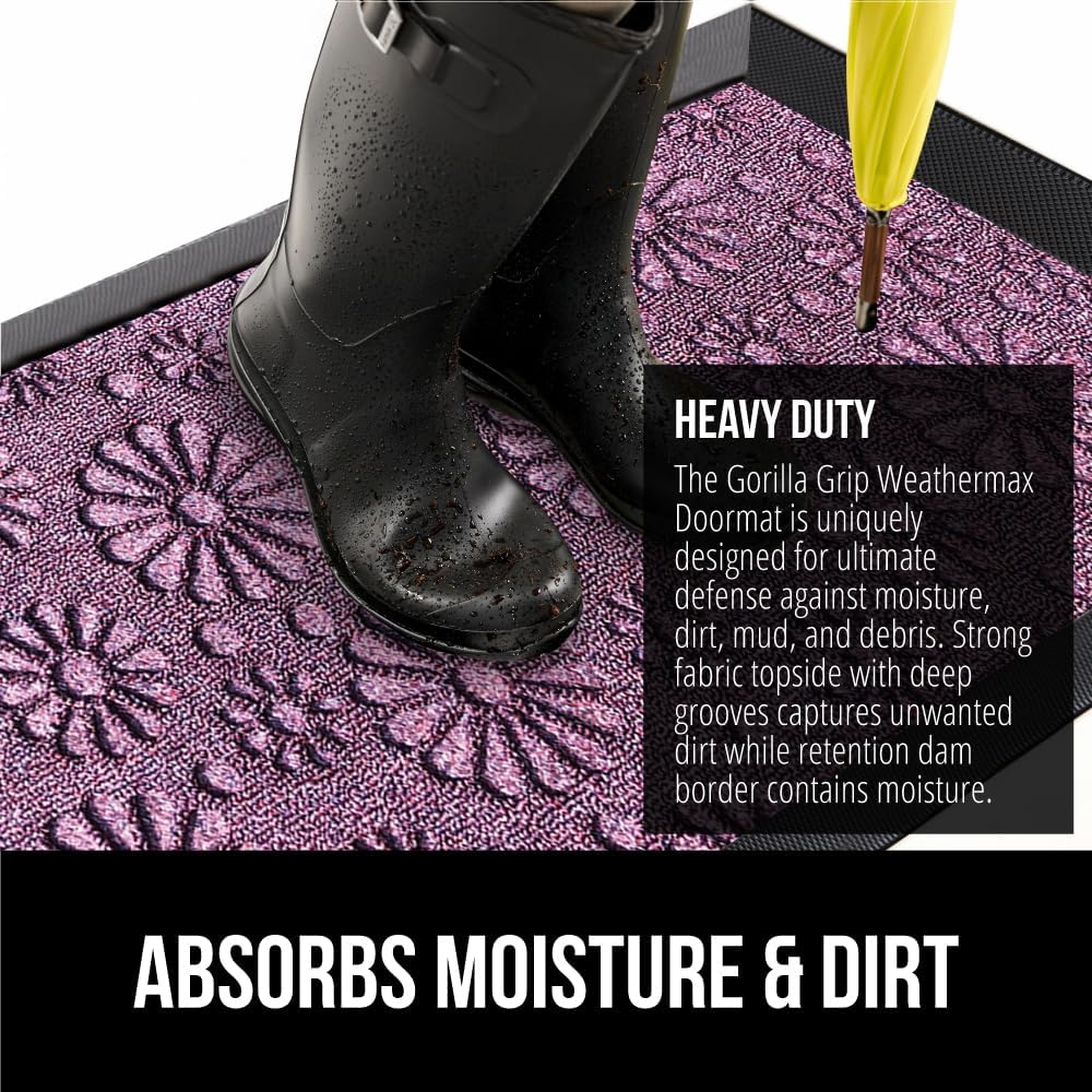 GORILLA GRIP 100% Waterproof All-Season WeatherMAX Doormat, 23x35, Durable Natural Rubber, Stain and Fade Resistant, Low Profile, Indoor Outdoor Doormats, Easy Clean Entry Mat, Purple Confetti Daisy