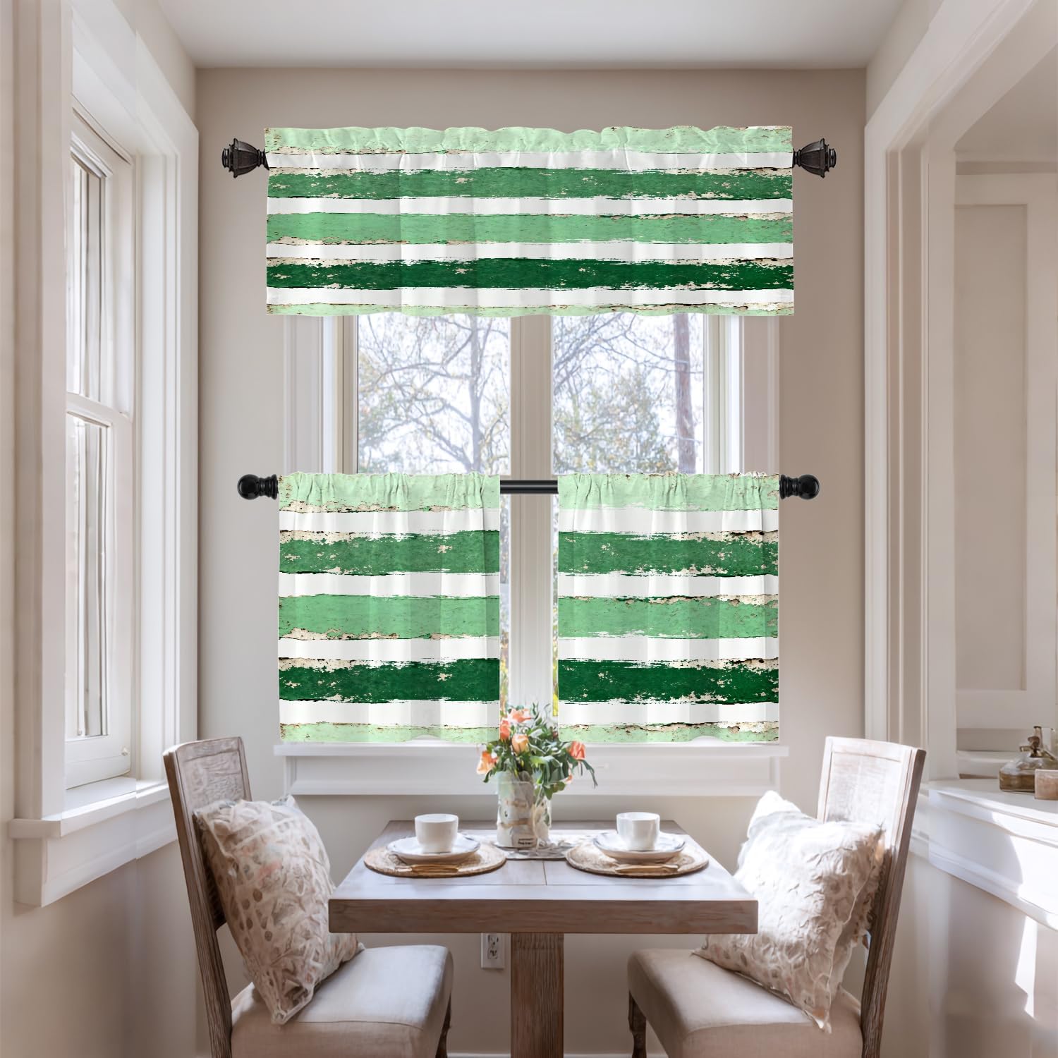 Apple Green Brushstrokes Blackout Kitchen Curtains,Apple Green with White Stripe Short Curtains for Windows Insulated Thermal Bathroom Window Curtain 1 Pack 52X18 Inches