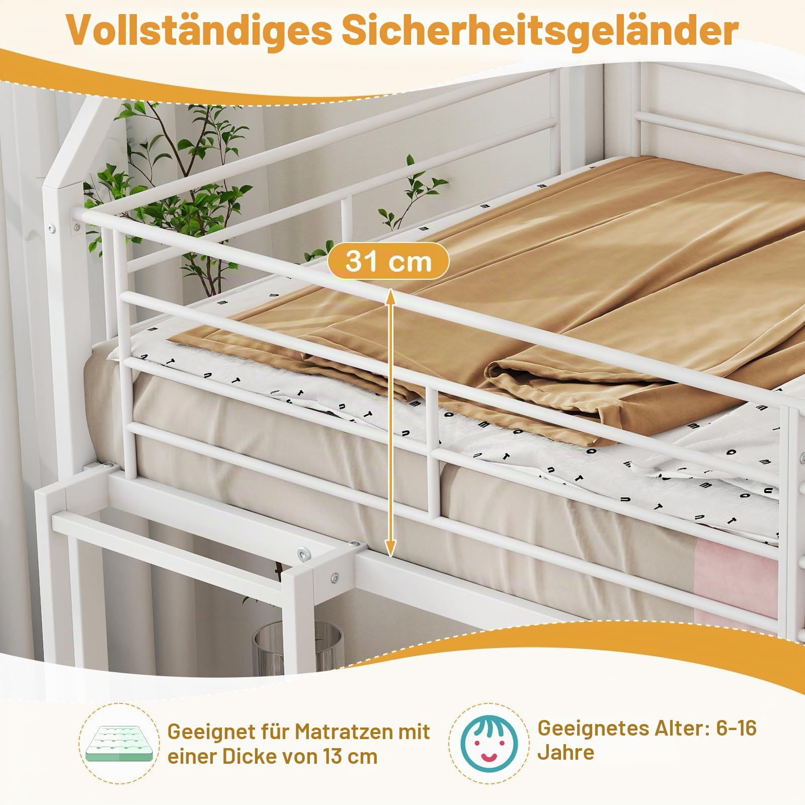 GIANTEX Hochbett 90 x 200 cm, Etagenbett 2 Kinder, Hochbett Kinder mit Rutsche & Leiter, Kinderbett Hausbett mit Rausfallschutz, Kinderhochbett Stockbett für 2 Kinder, Metallbett mit Dach (Weiß)