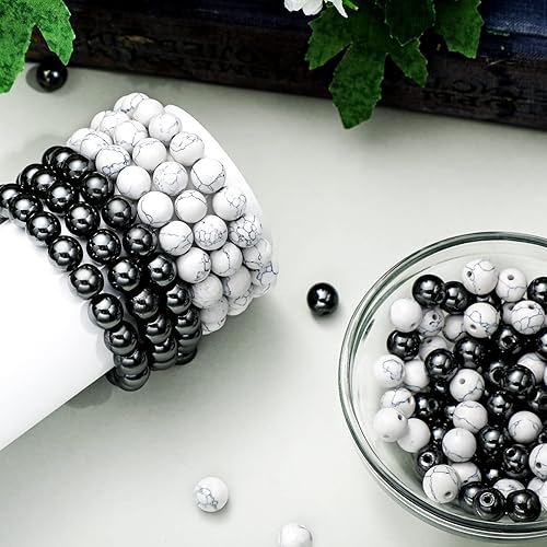 Miniatura 3 de 100 cuentas de howlita de 0.315 in y 100 cuentas de hematita natural para pulseras, fabricación de joyas, suministros de bricolaje