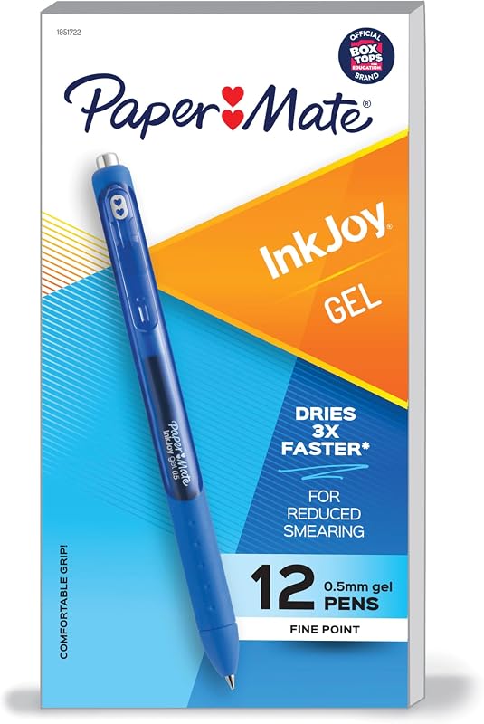 Bolígrafos de gel Paper Mate InkJoy, punta fina (0,5 mm), tinta azul, 12 unidades, agarre cómodo, suministros para profesores, toma de notas