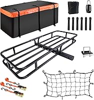 MeeFar 53x19x5.5 Hitch Mount Cargo Basket + Waterproof Bag, 500lb Capacity, 2" Receiver Fit, Stabilizer, Net & Straps