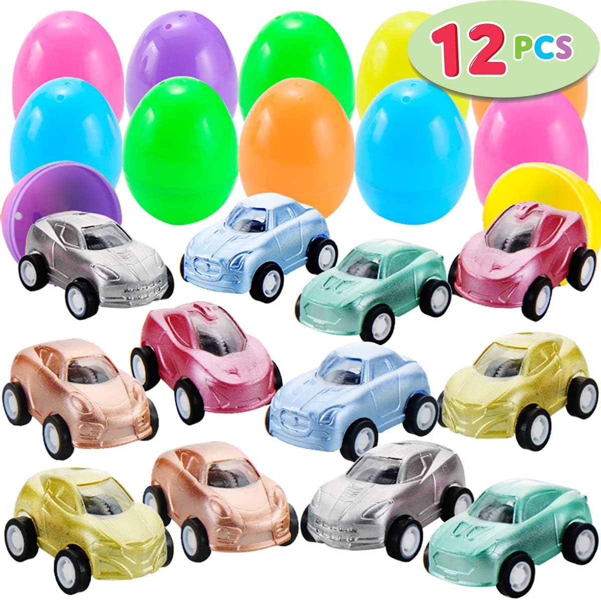 JOYIN 12 Pcs Easter Eggs Filled with Car Toys, Bright Colorful Prefilled Easter Eggs with Mini Pull Back Vehicles for Kids Boys Basket Easter Stuffers, Party Favors and Easter Eggs Hunt