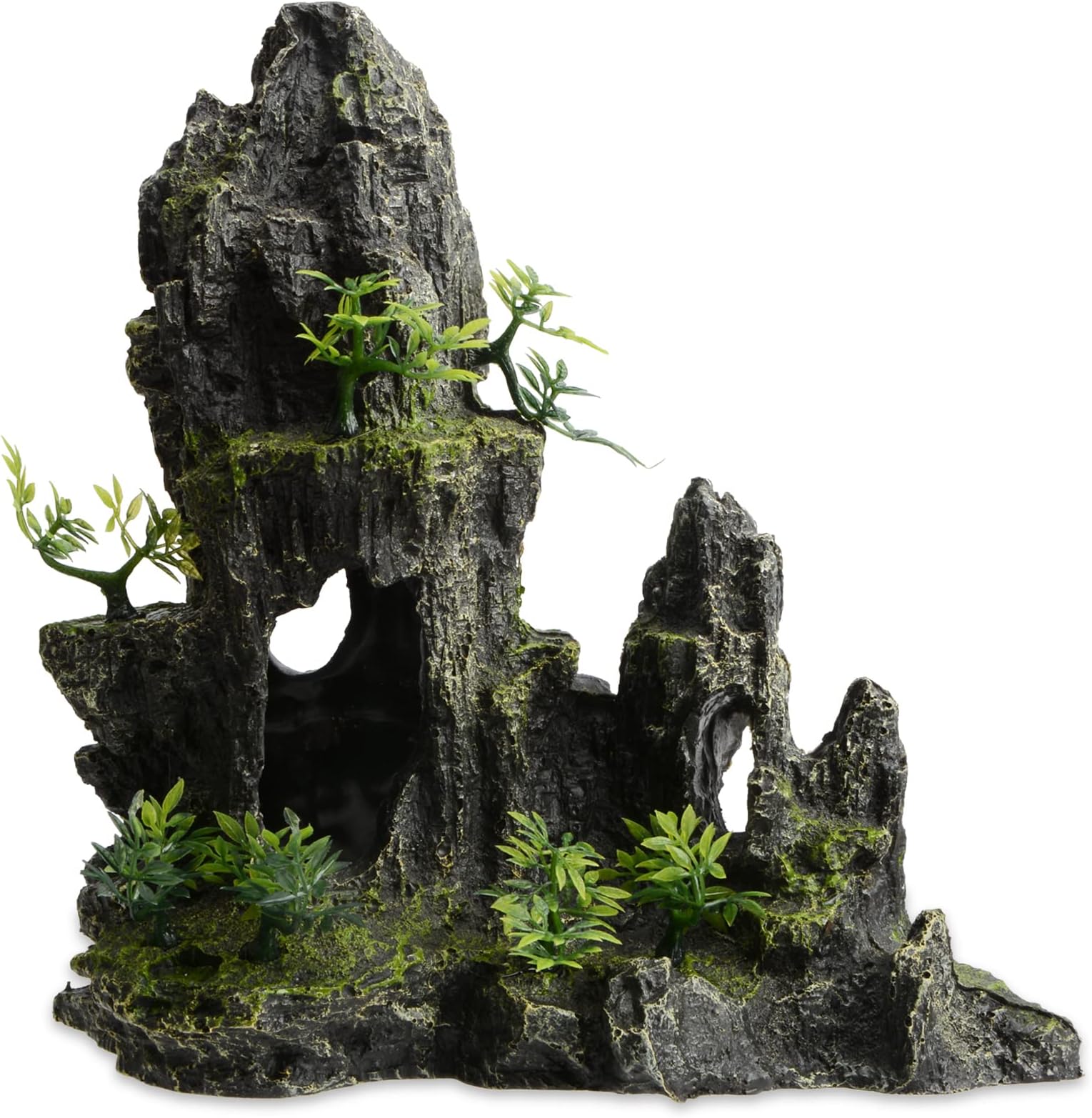 Saim Large and Tall Aquarium Mountain View Stone Decorations, Resin Rocks Aquascaping Cave Ornaments with Plants Fish Tank Accessories Betta Hideout Caves Rockery Landscape 11Inches High