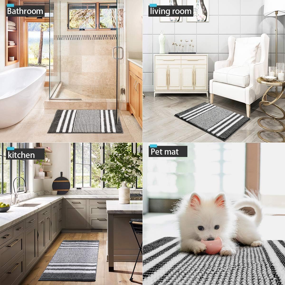 Tindbea Bathroom Rugs Set 2 Piece, Extra Soft and Absorbent Fluffy Striped Chenille Bath Mat Rug Set, Non Slip Bathroom Floor Mat, Machine Washable (20" x 32" Plus 20" x 32", Dark Gray)