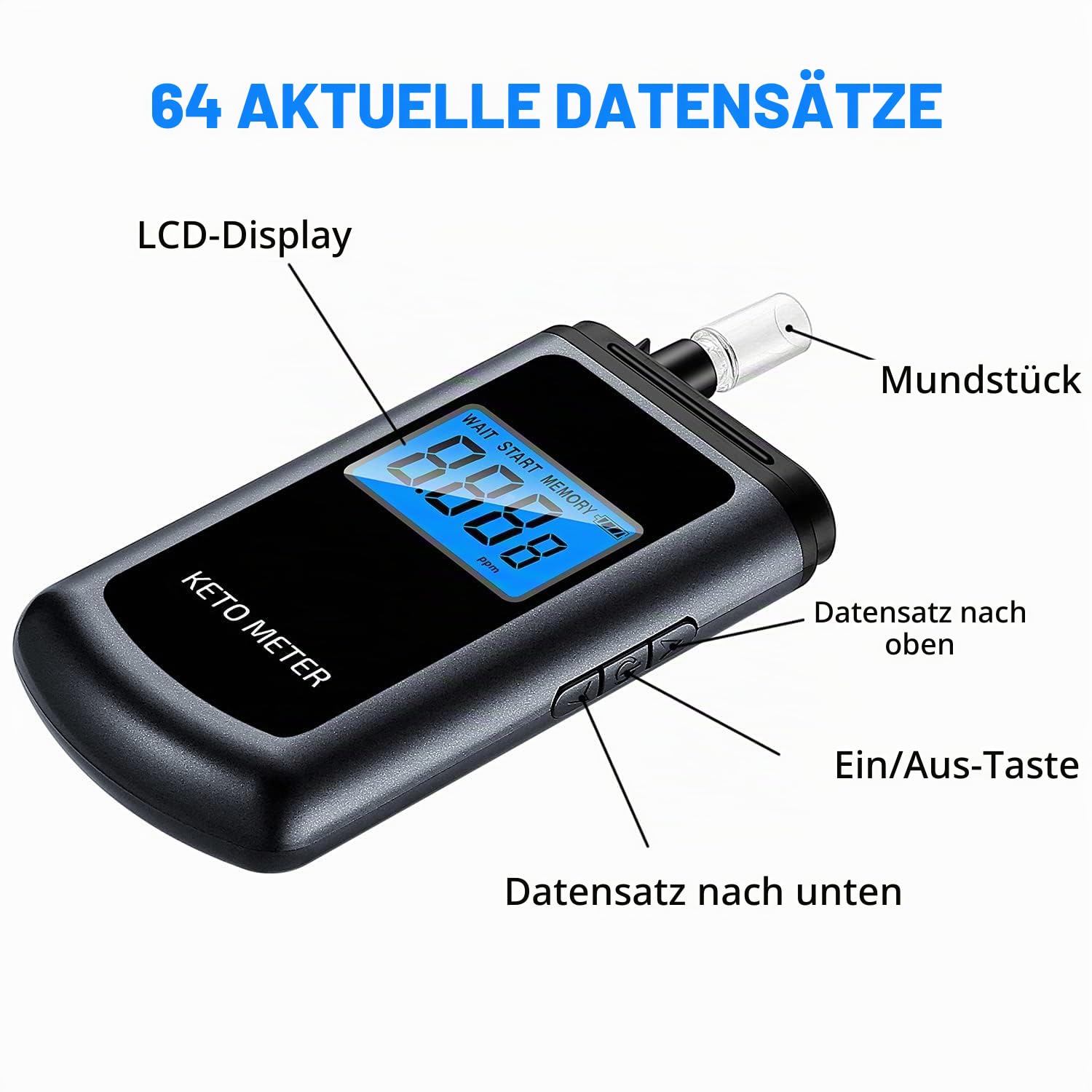 Ketone-Atemmessgerät Professionelles Ketone-Atemmessgerät Tragbares Ketose-Atemmessgerät USB-aufladbares Ketone-Atemmessgerät mit 10 austauschbaren Mundstücken für Ketosetests (Schwarz)