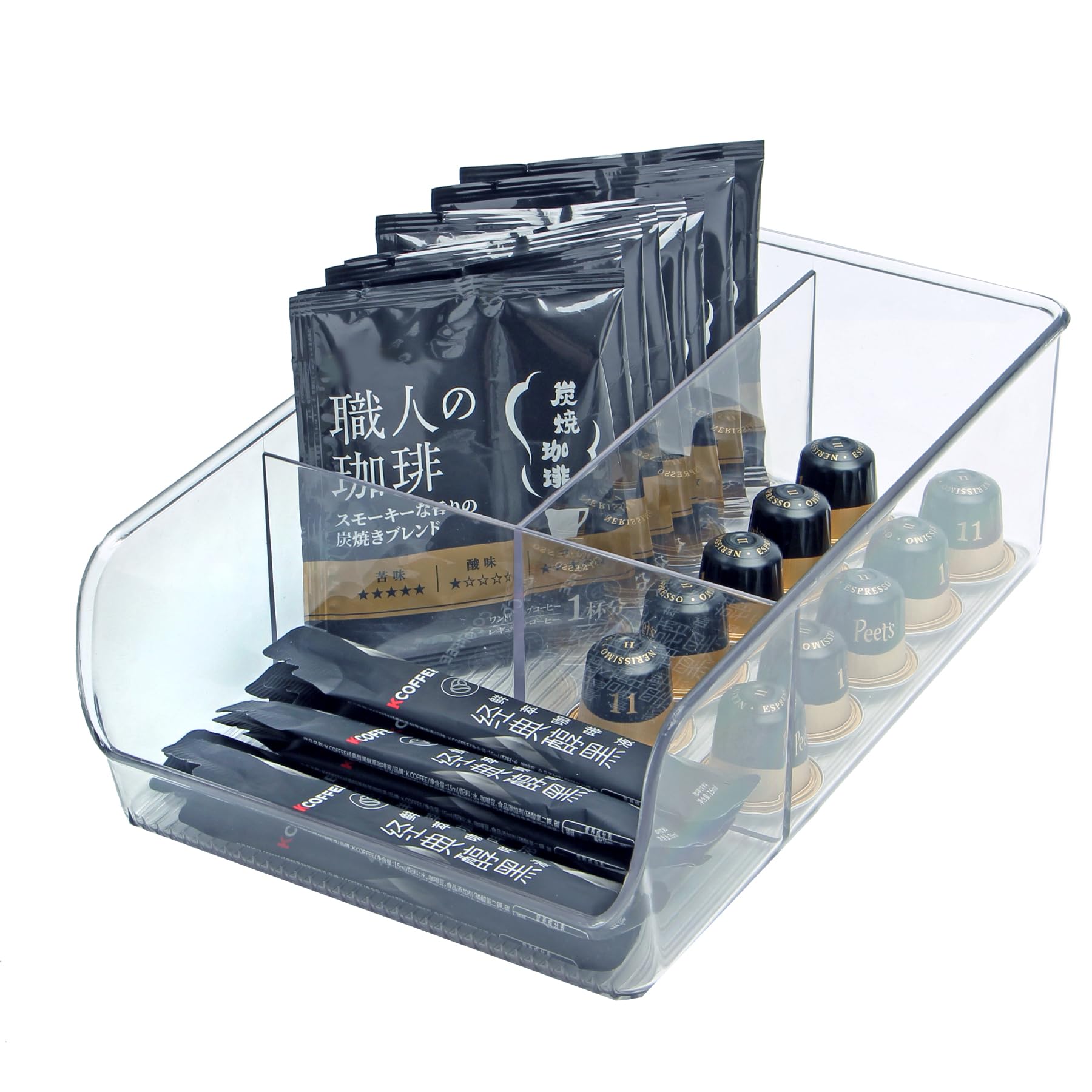 Azar Displays 556752-4PK - Contenedor de almacenamiento transparente con divisores, organizador apilable de múltiples compartimentos para cocina, baño, despensa y oficina, plástico sin BPA (paquete de