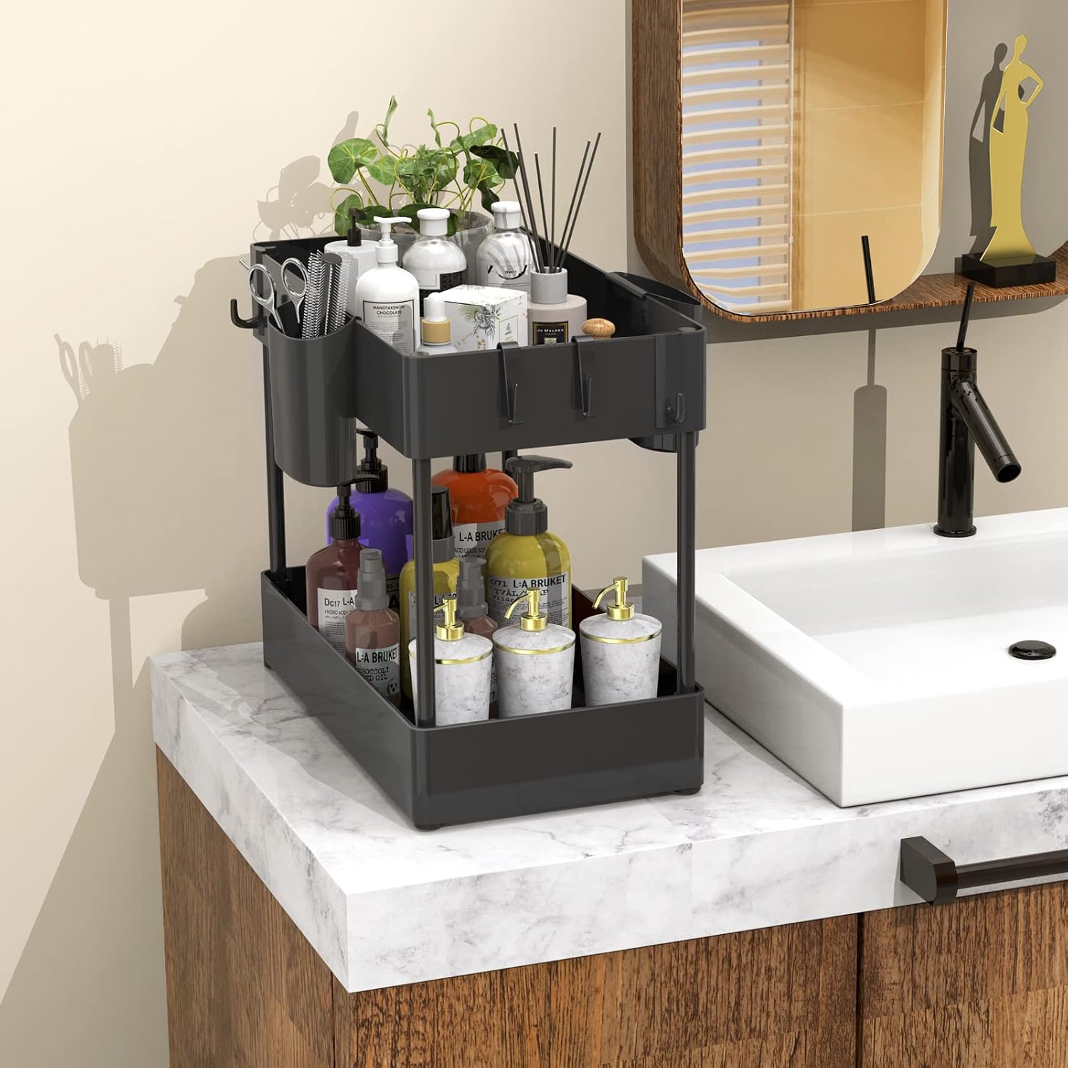 FURTIME 2 Pack Under Sink Organizer, 2 Tier Under Sink Shelf with 6 Hooks 4 Hanging Cups and 8 Non-slip Foot, Suitable for Bathroom, Kitchen, Cosmetic Dresser and Narrow Space Storage Rack, Black