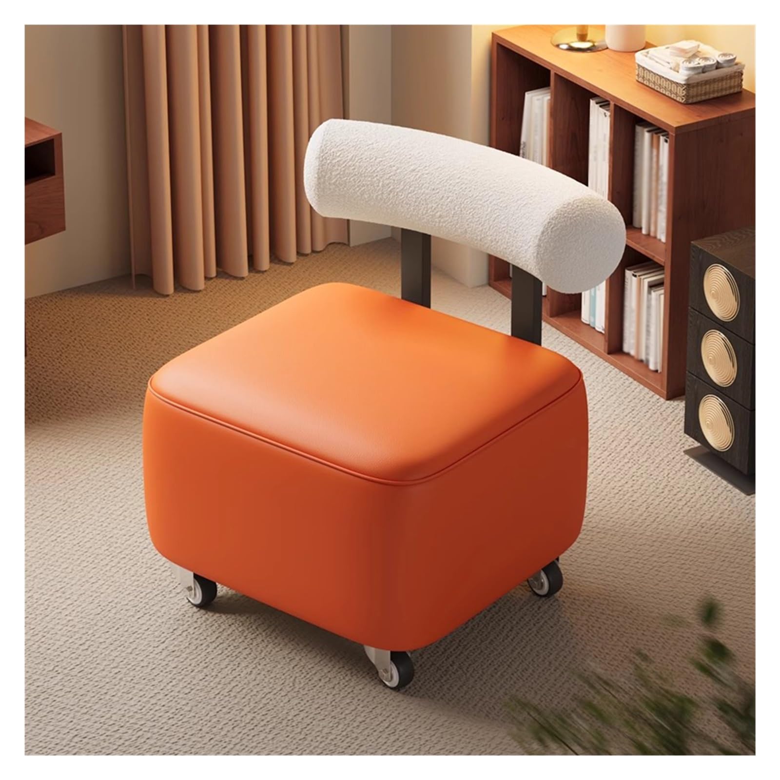 WDSOPK Leather Rolling Stool with Wheels,Portable Vanity Chair Mini Shoe Stools,Comfortable Ergonomic Pulley Stools Chair with Backrest and Thick Padded Seat（Orange）